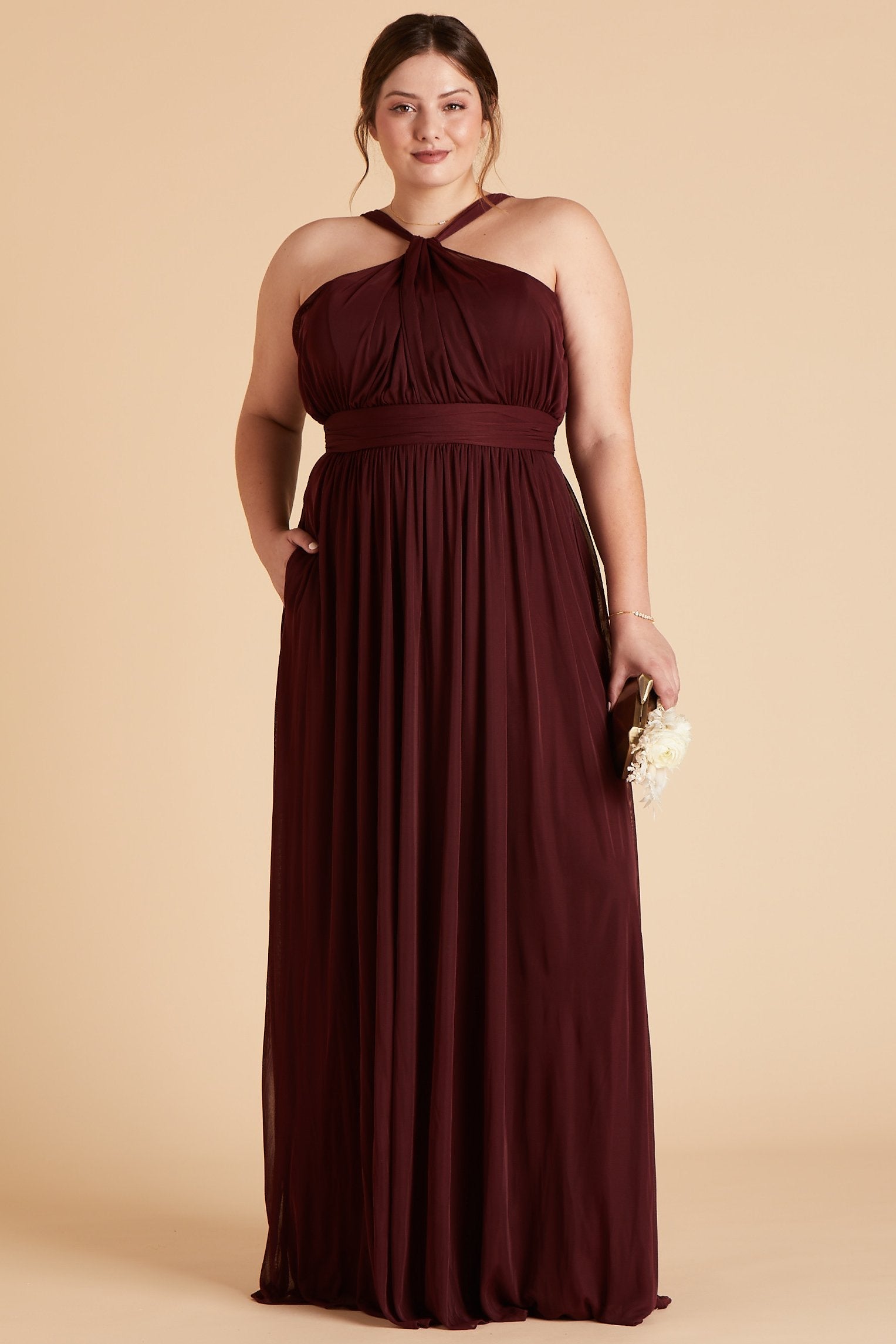 Kiko plus size bridesmaid dress in cabernet burgundy chiffon by Birdy Grey, front view with hand in pocket