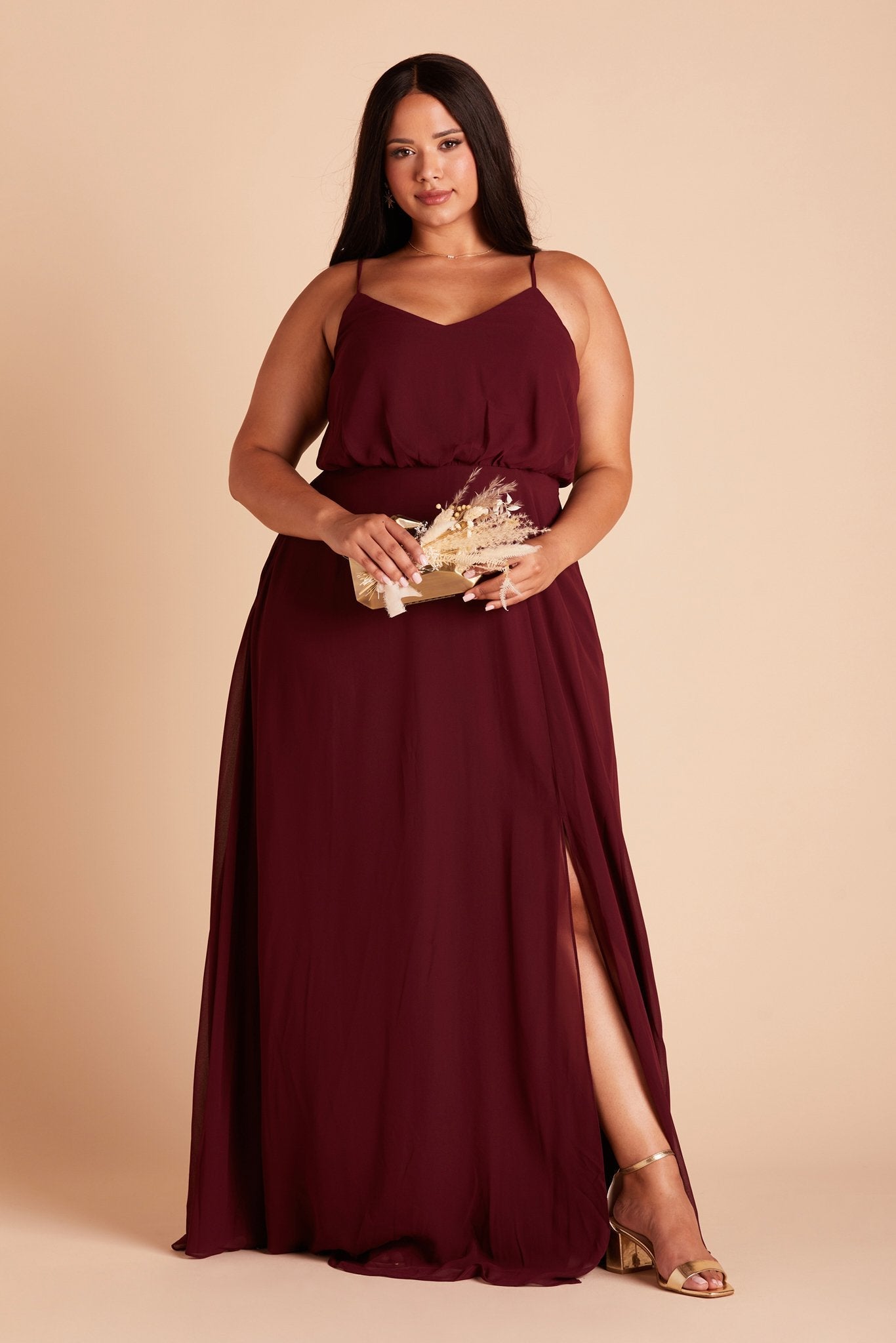 Gwennie plus size bridesmaid dress with slit in cabernet burgundy chiffon by Birdy Grey, front view
