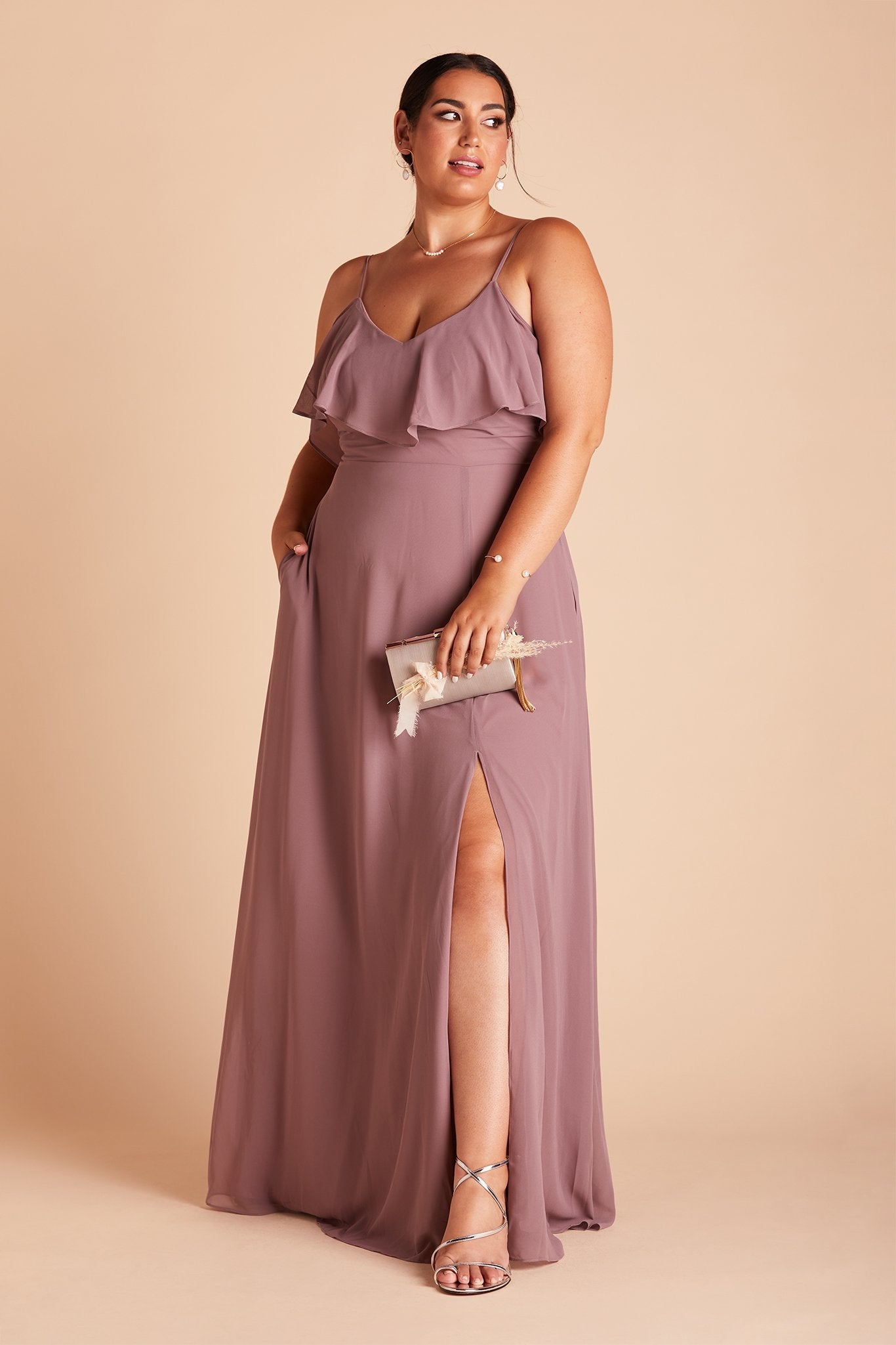 Jane convertible plus size bridesmaid dress with slit in dark mauve chiffon by Birdy Grey, front view