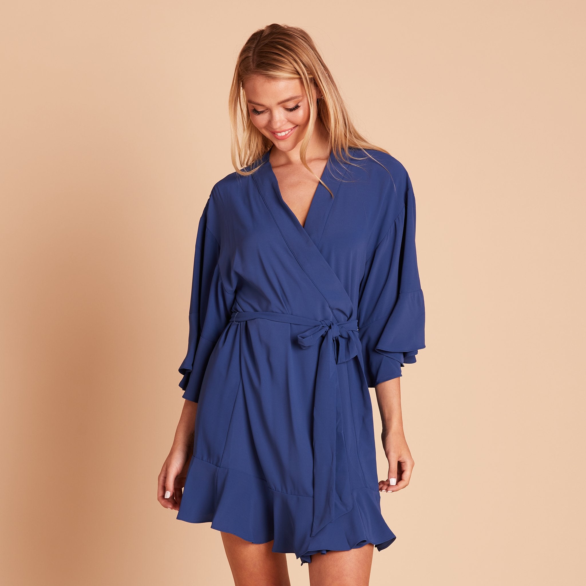 Kenny Ruffle Robe in slate blue by Birdy Grey, front view