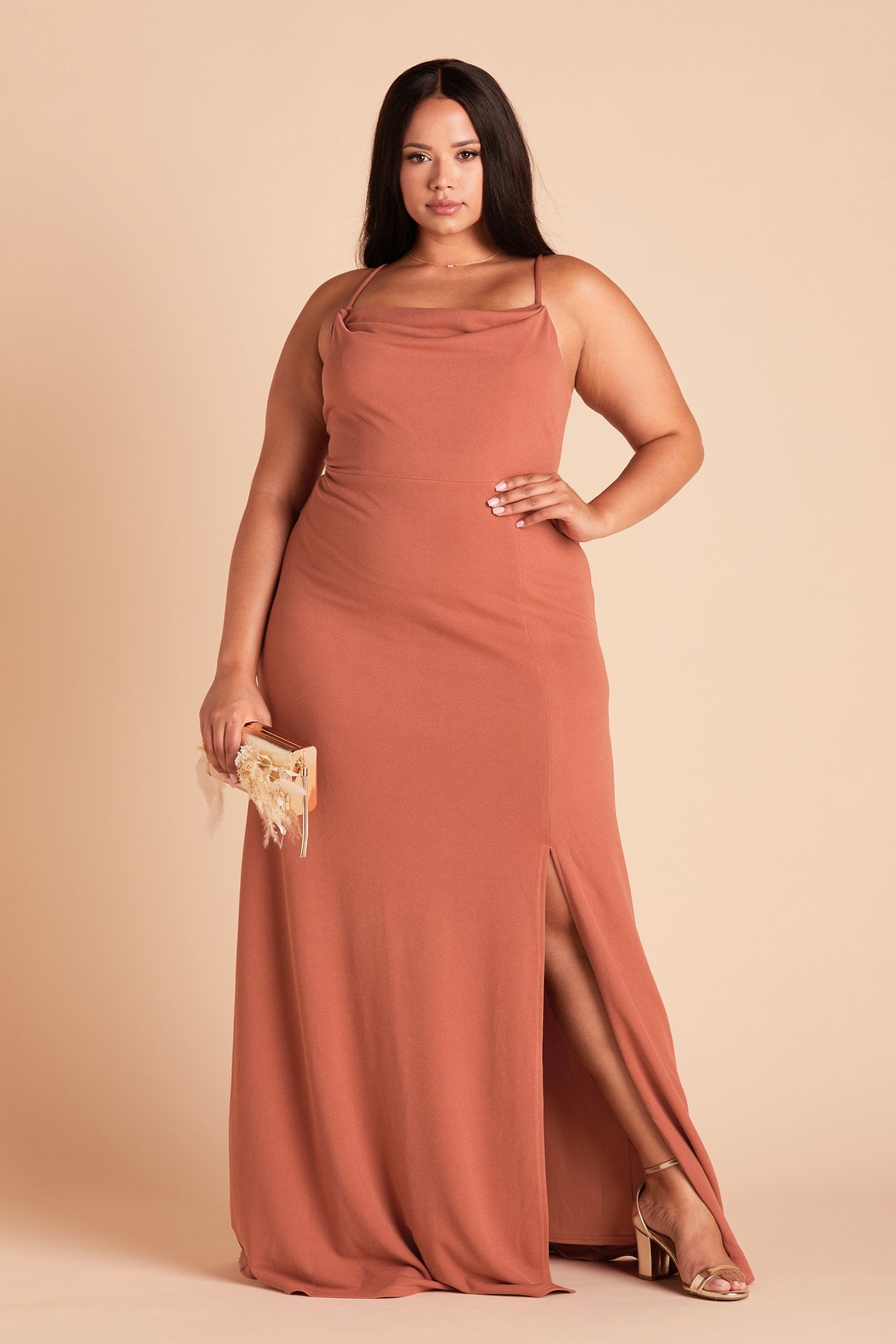Ash plus size bridesmaid dress with slit in terracotta crepe by Birdy Grey, front view