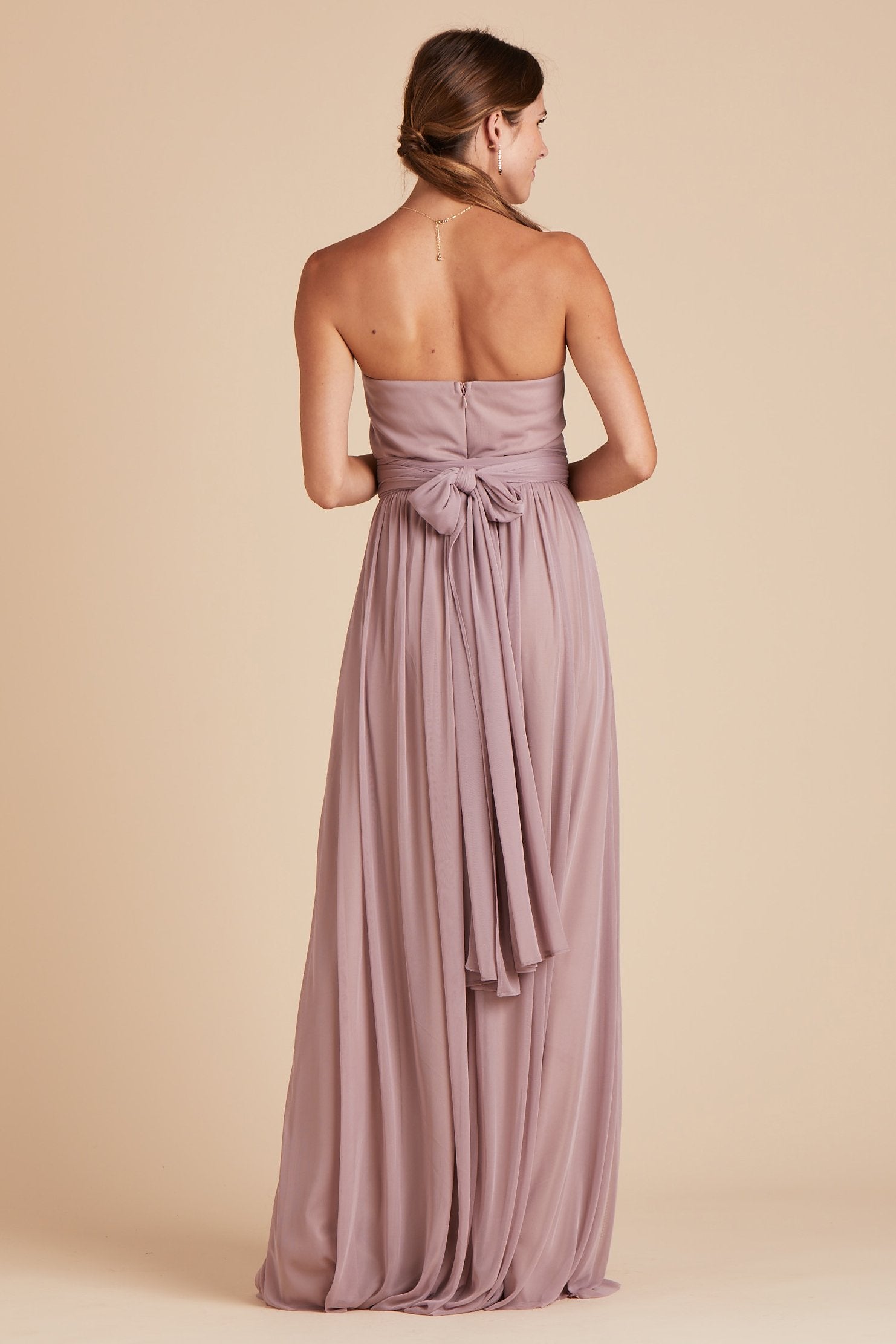 Chicky convertible bridesmaid dress in mauve purple mesh by Birdy Grey, back view