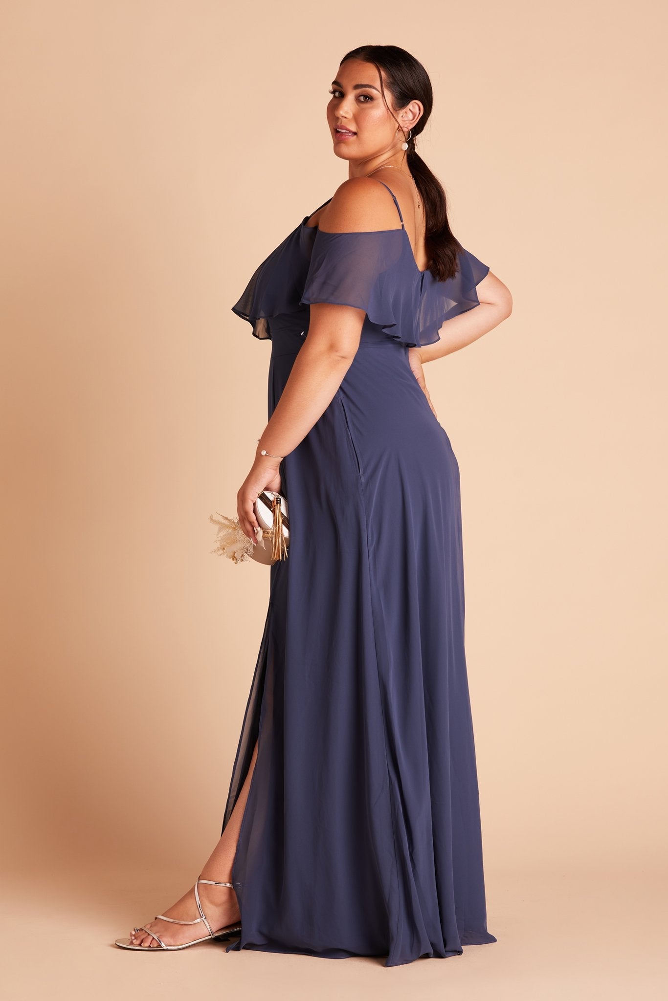 Jane convertible plus size bridesmaid dress with slit in slate blue chiffon by Birdy Grey, side view