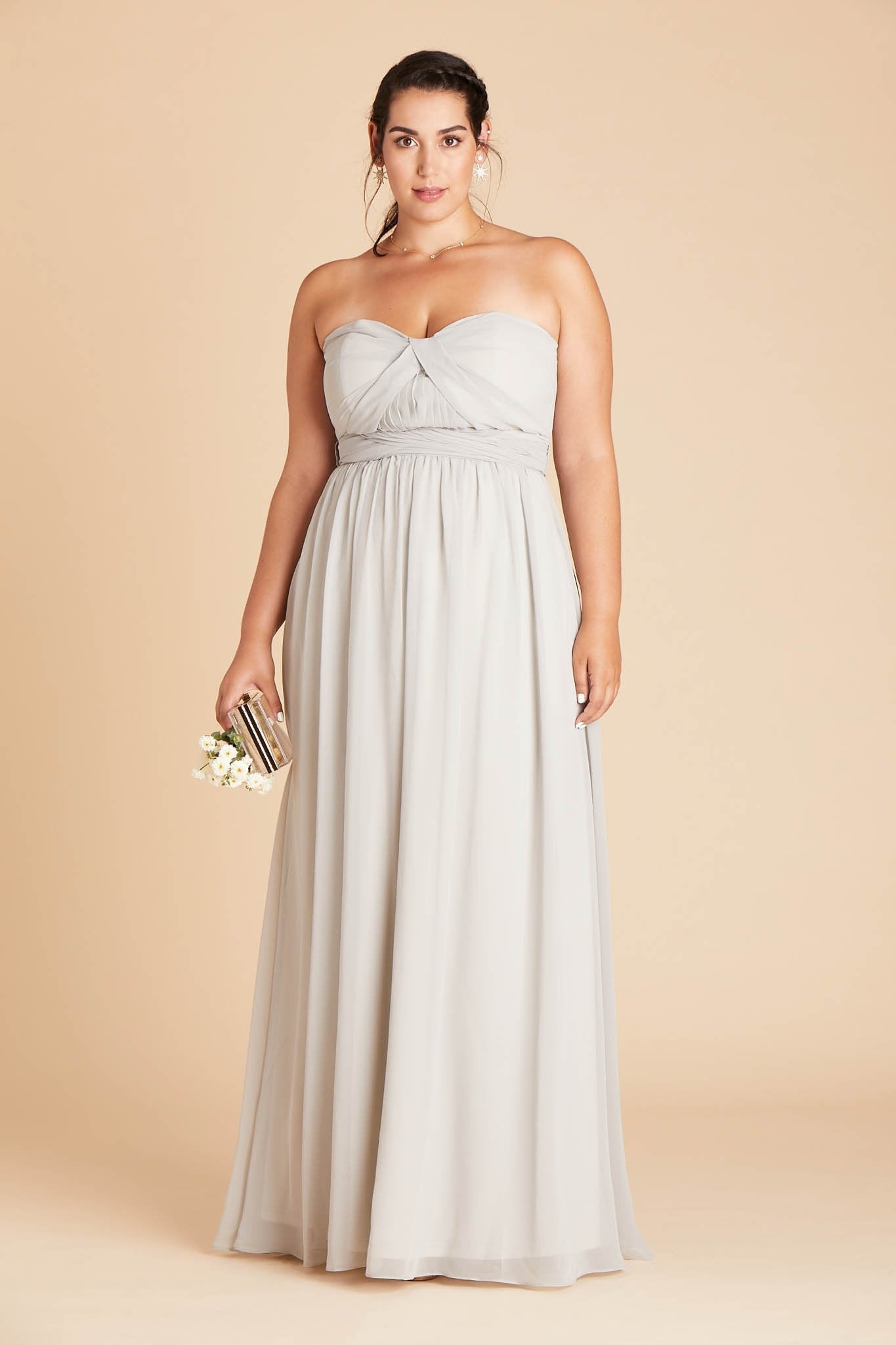Grace convertible plus size bridesmaid dress in dove gray chiffon by Birdy Grey, front view