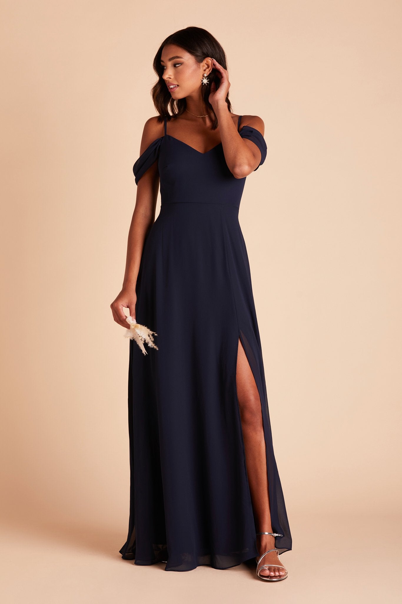 Devin convertible bridesmaid dress with slit in navy blue chiffon by Birdy Grey, front view