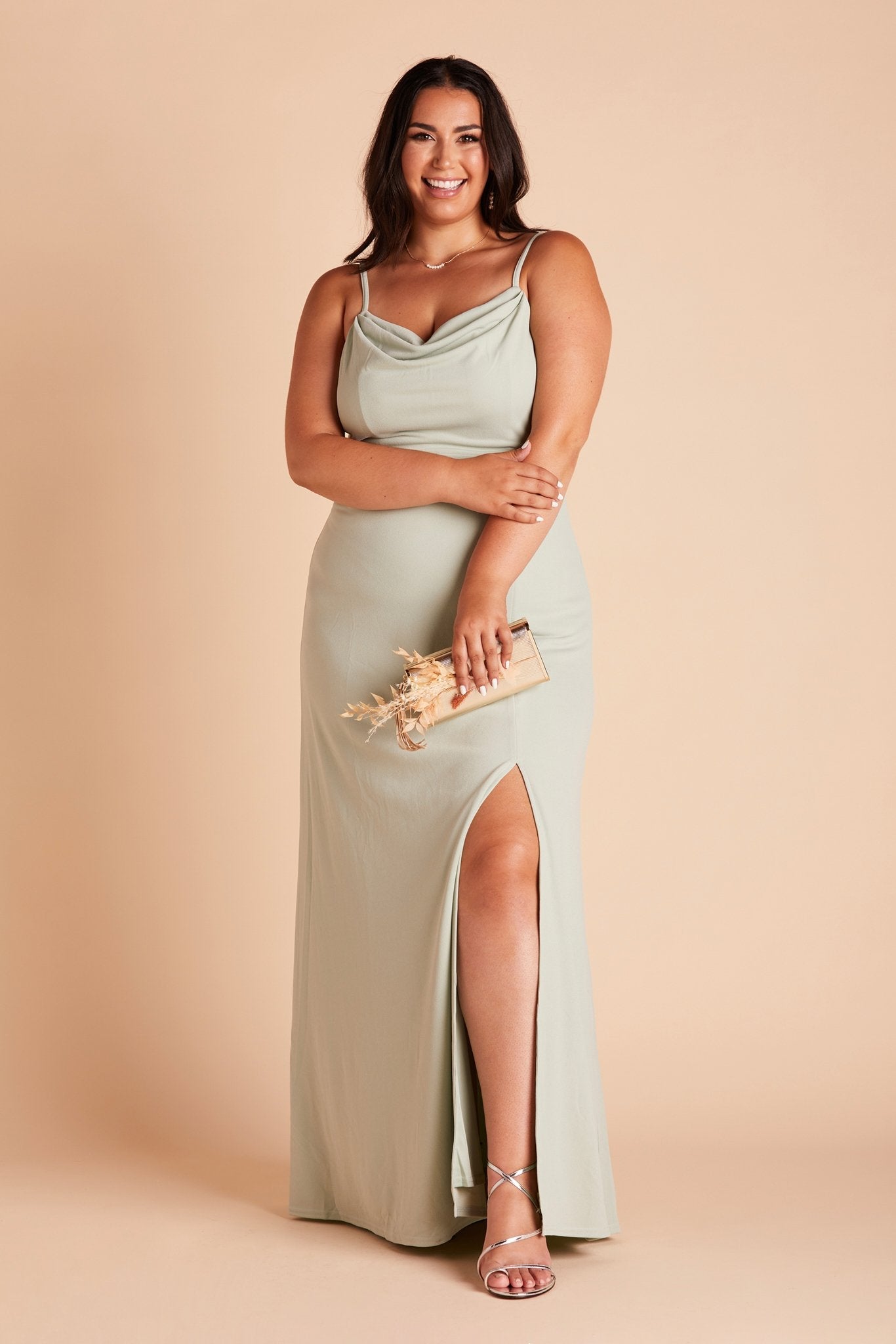 Ash plus size bridesmaid dress with slit in sage green crepe by Birdy Grey, front view