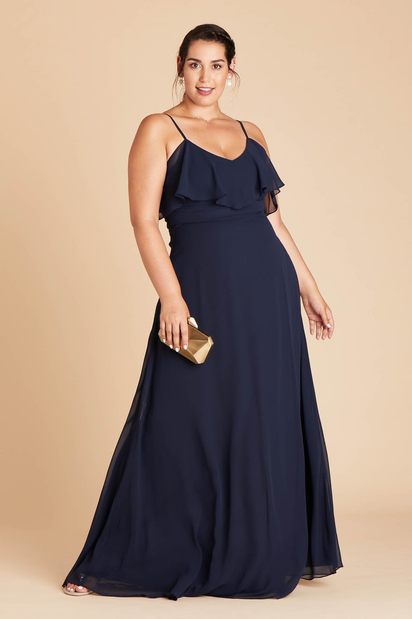 Jane convertible plus size bridesmaid dress in navy blue chiffon by Birdy Grey, front view