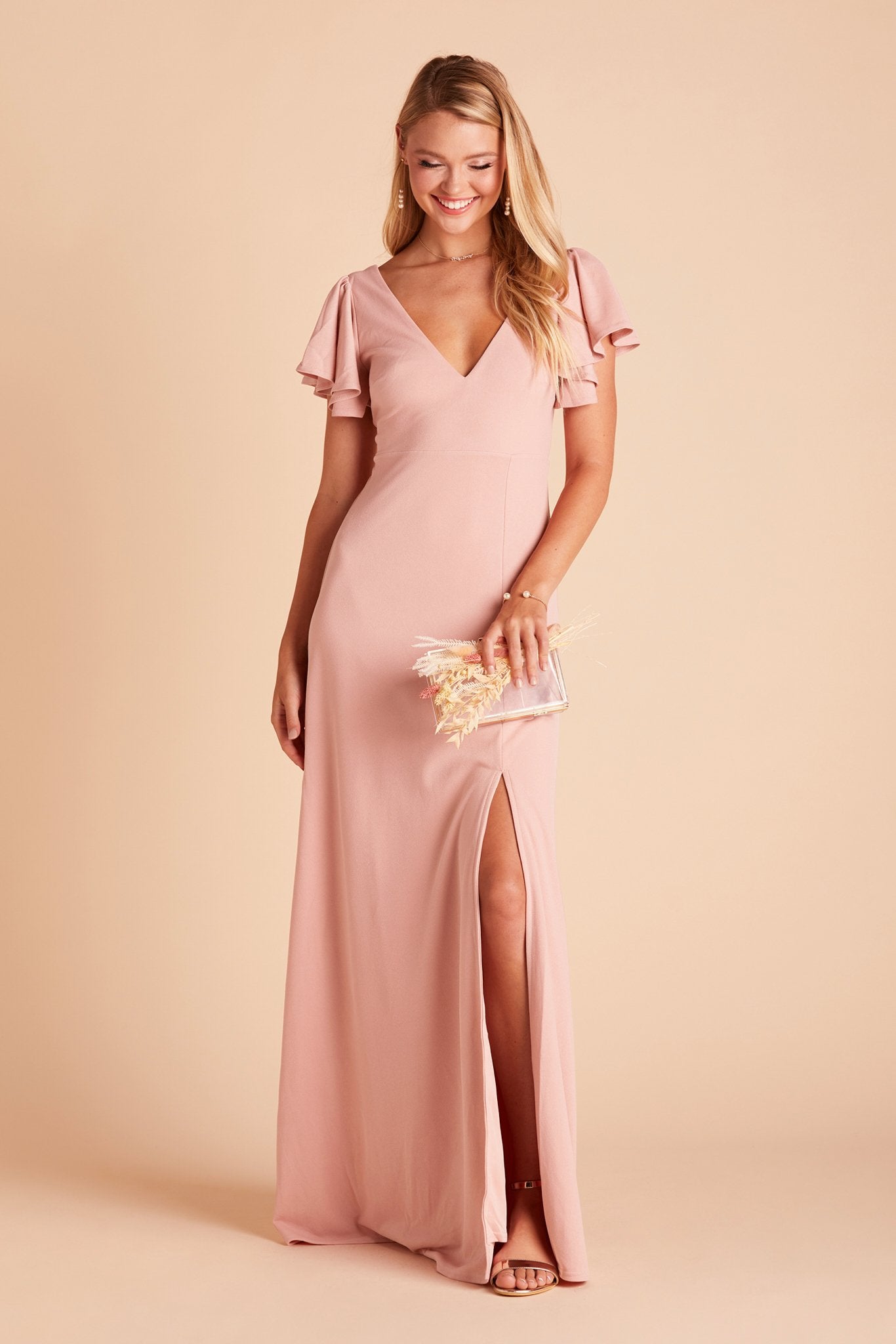 Hannah bridesmaid dress with slit in dusty rose crepe by Birdy Grey, front view
