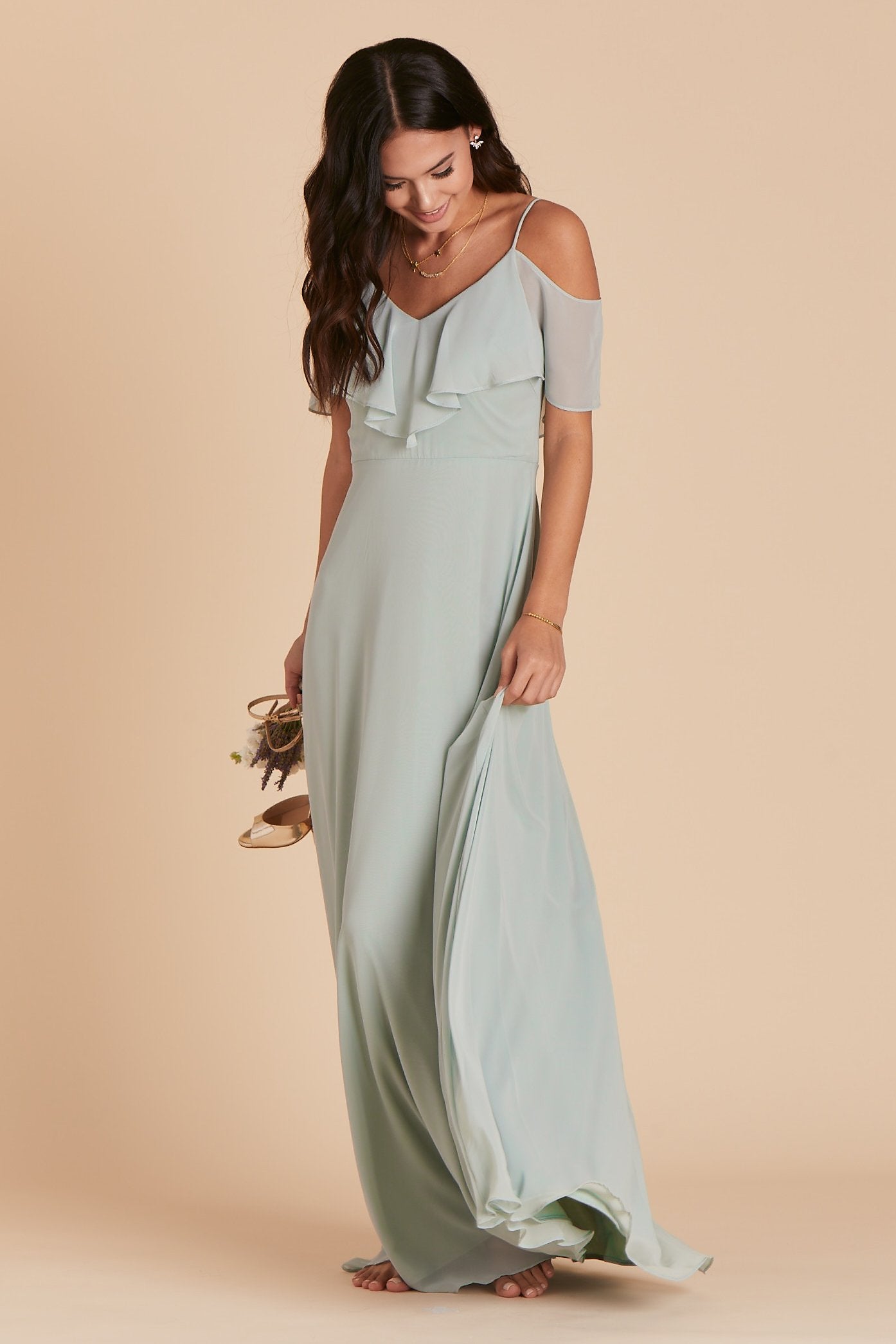 Jane convertible bridesmaid dress in sage green chiffon by Birdy Grey, front view