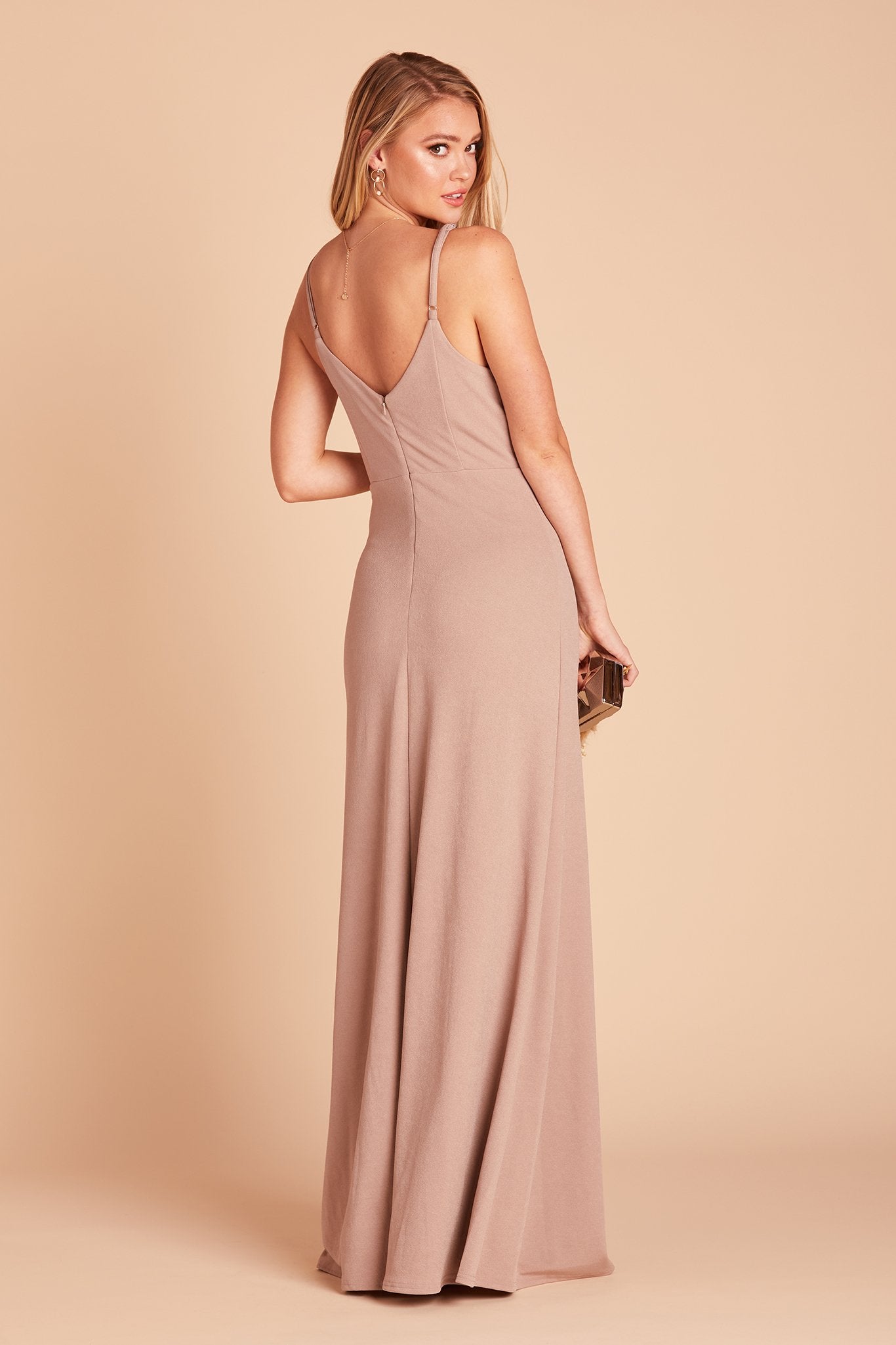 Jay bridesmaid dress with slit in taupe crepe by Birdy Grey, back view