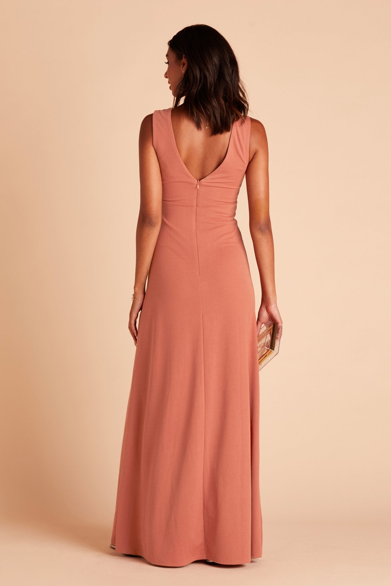 Shamin bridesmaid dress with slit in terracotta crepe by Birdy Grey, back view