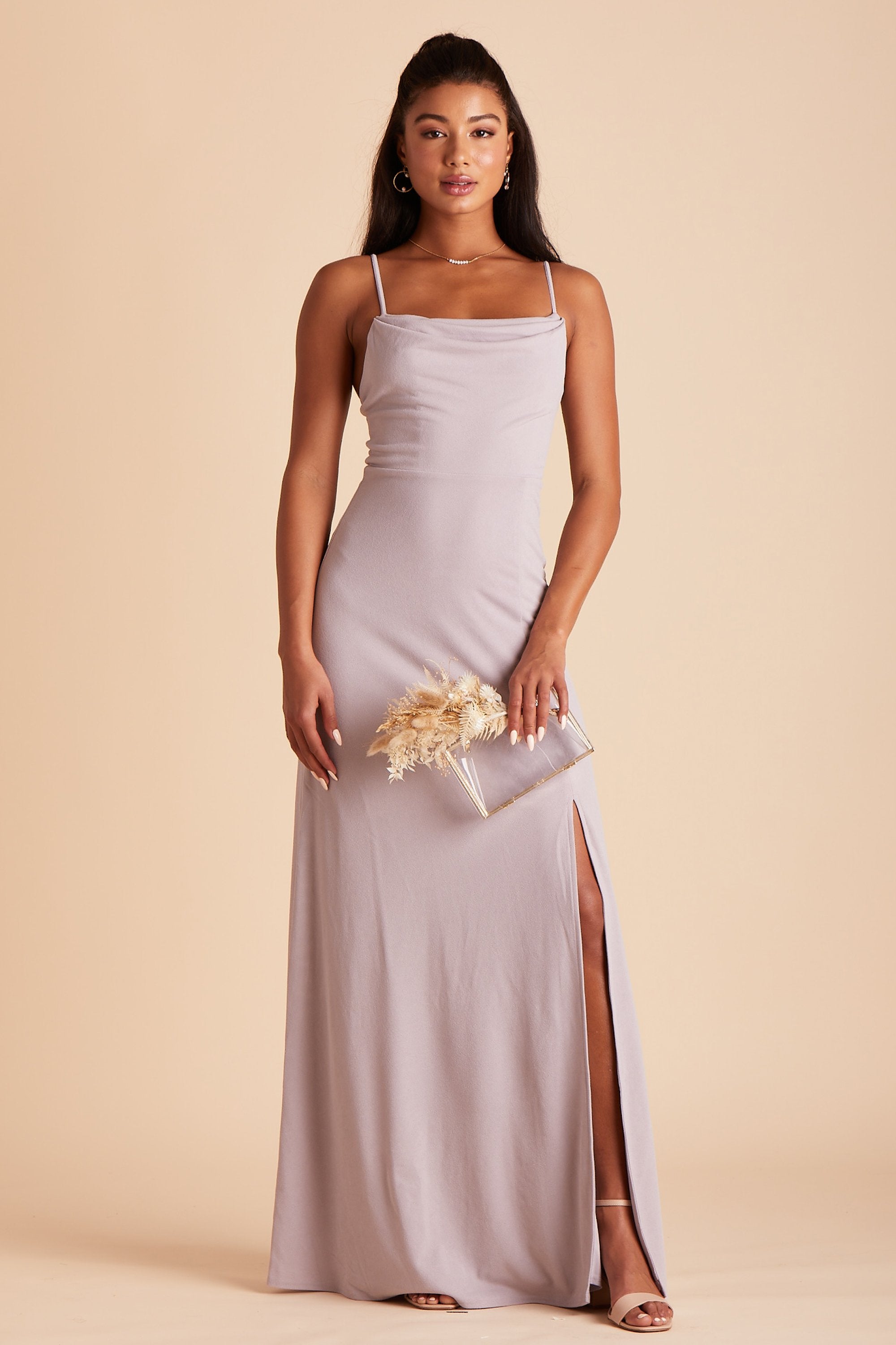 Ash bridesmaid dress with slit in lilac purple crepe by Birdy Grey, front view