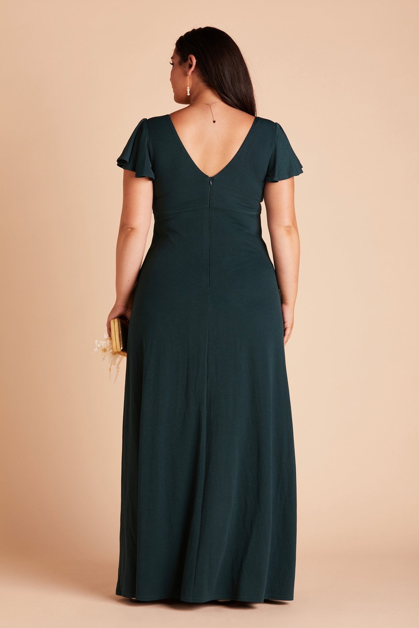 Hannah plus size bridesmaid dress with slit in emerald green crepe by Birdy Grey, back view