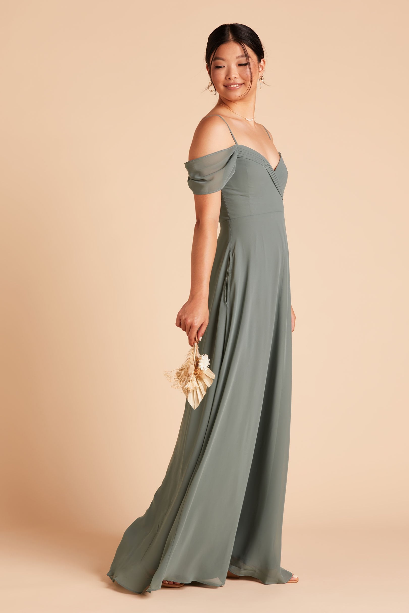Spence convertible bridesmaid dress in sea glass green chiffon by Birdy Grey, side view