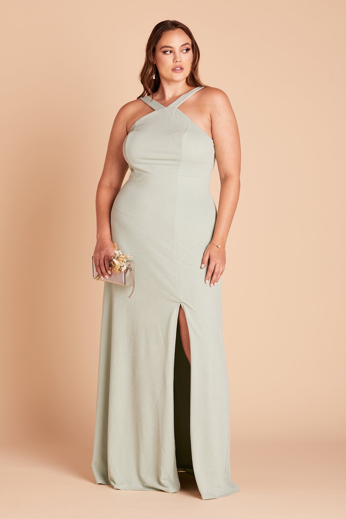 Gene plus size bridesmaid dress with slit in sage green crepe by Birdy Grey, front view