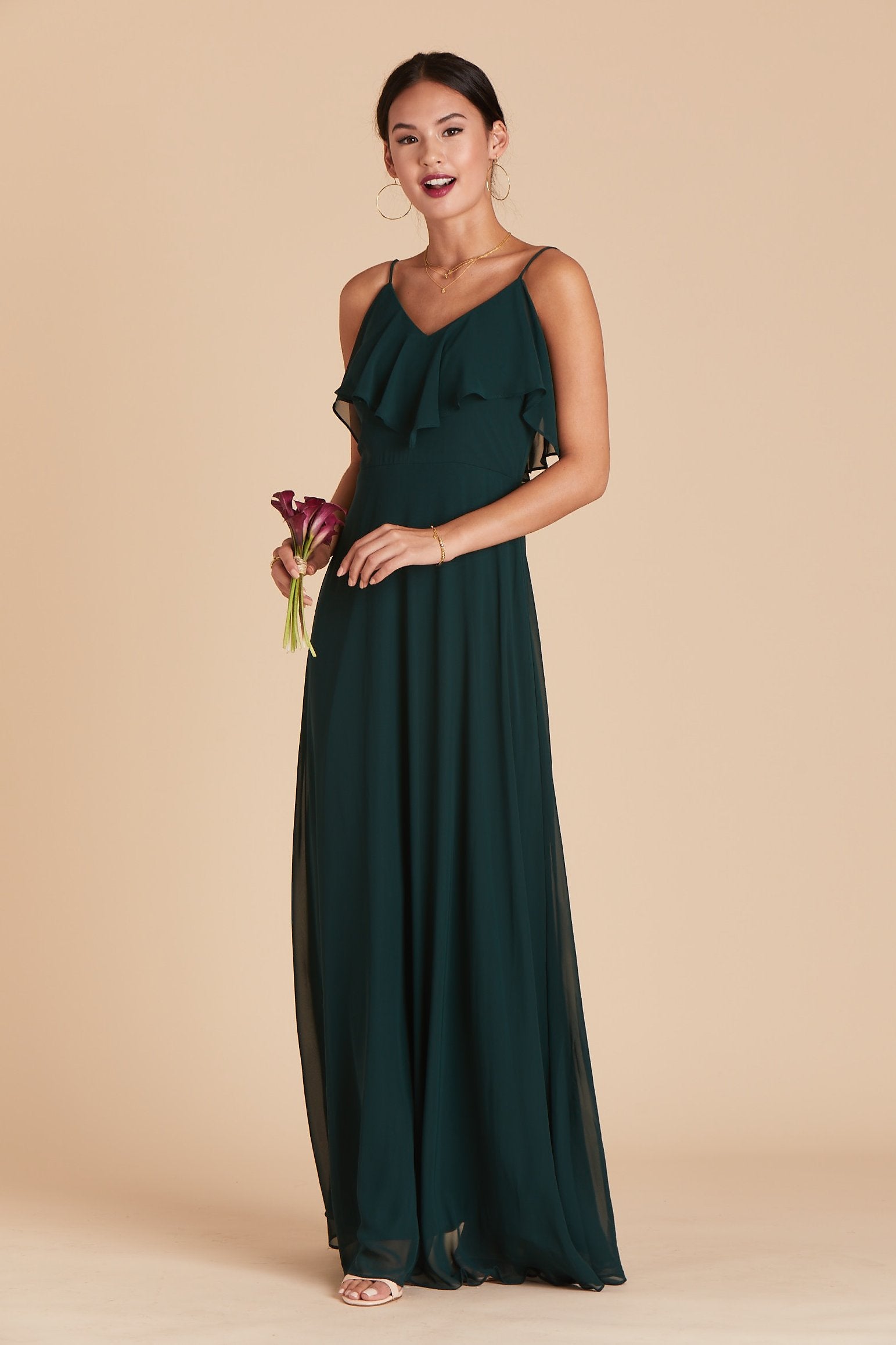 Jane convertible bridesmaid dress with slit in emerald green chiffon by Birdy Grey, front view