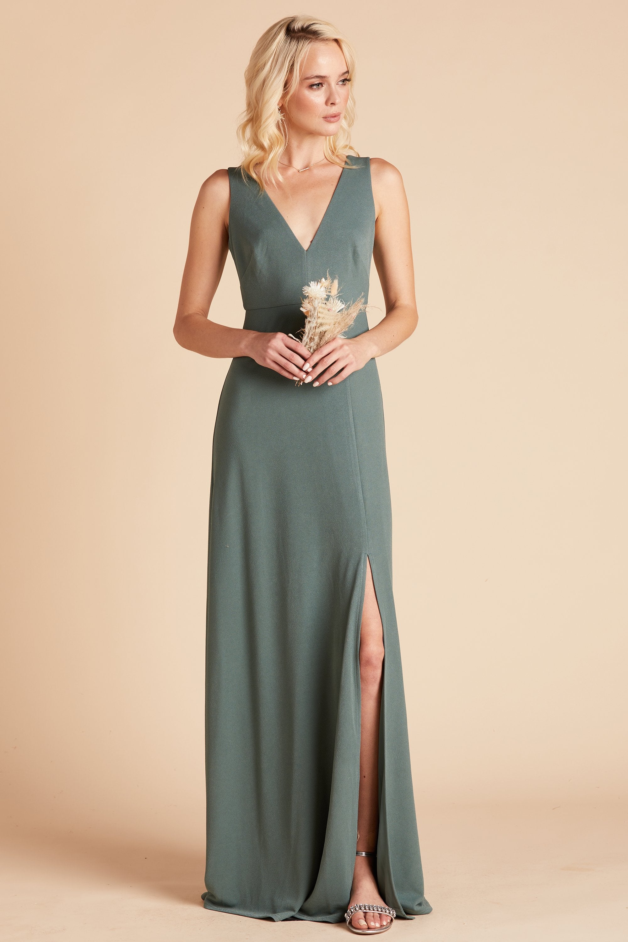 Shamin bridesmaid dress with slit in sea glass green crepe by Birdy Grey, front view