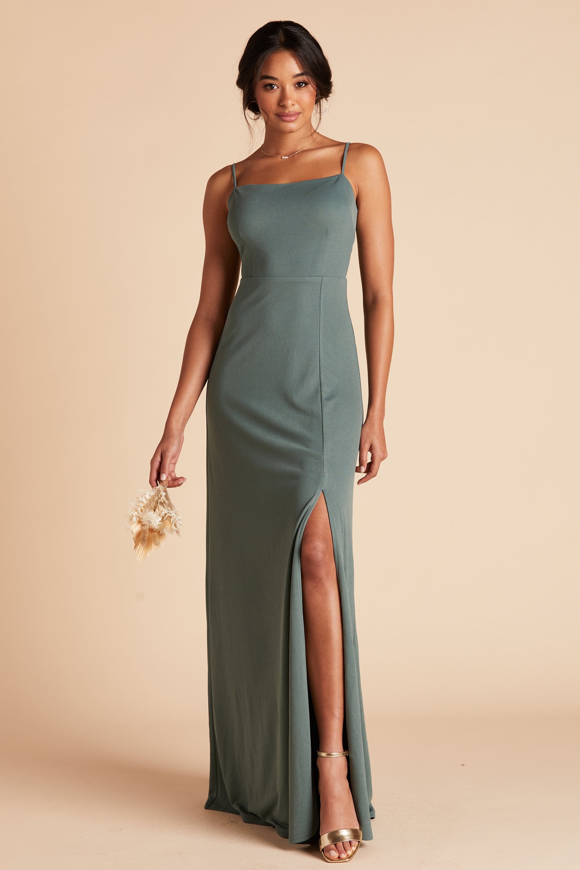 Benny bridesmaid dress in sea glass green crepe with slit by Birdy Grey, front view