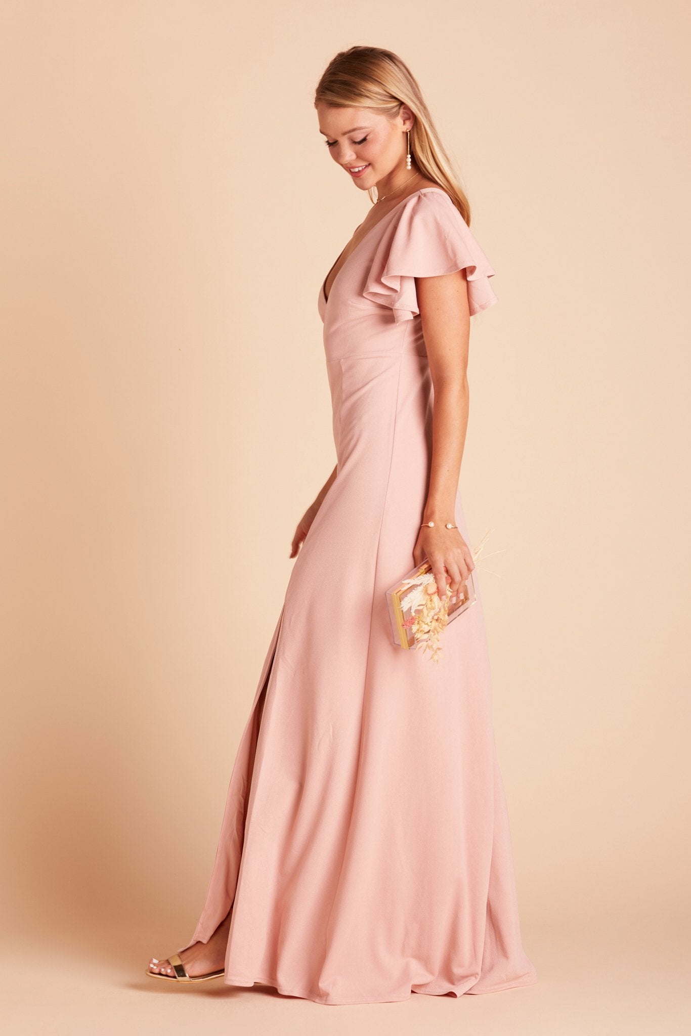 Hannah bridesmaid dress with slit in dusty rose crepe by Birdy Grey, side view
