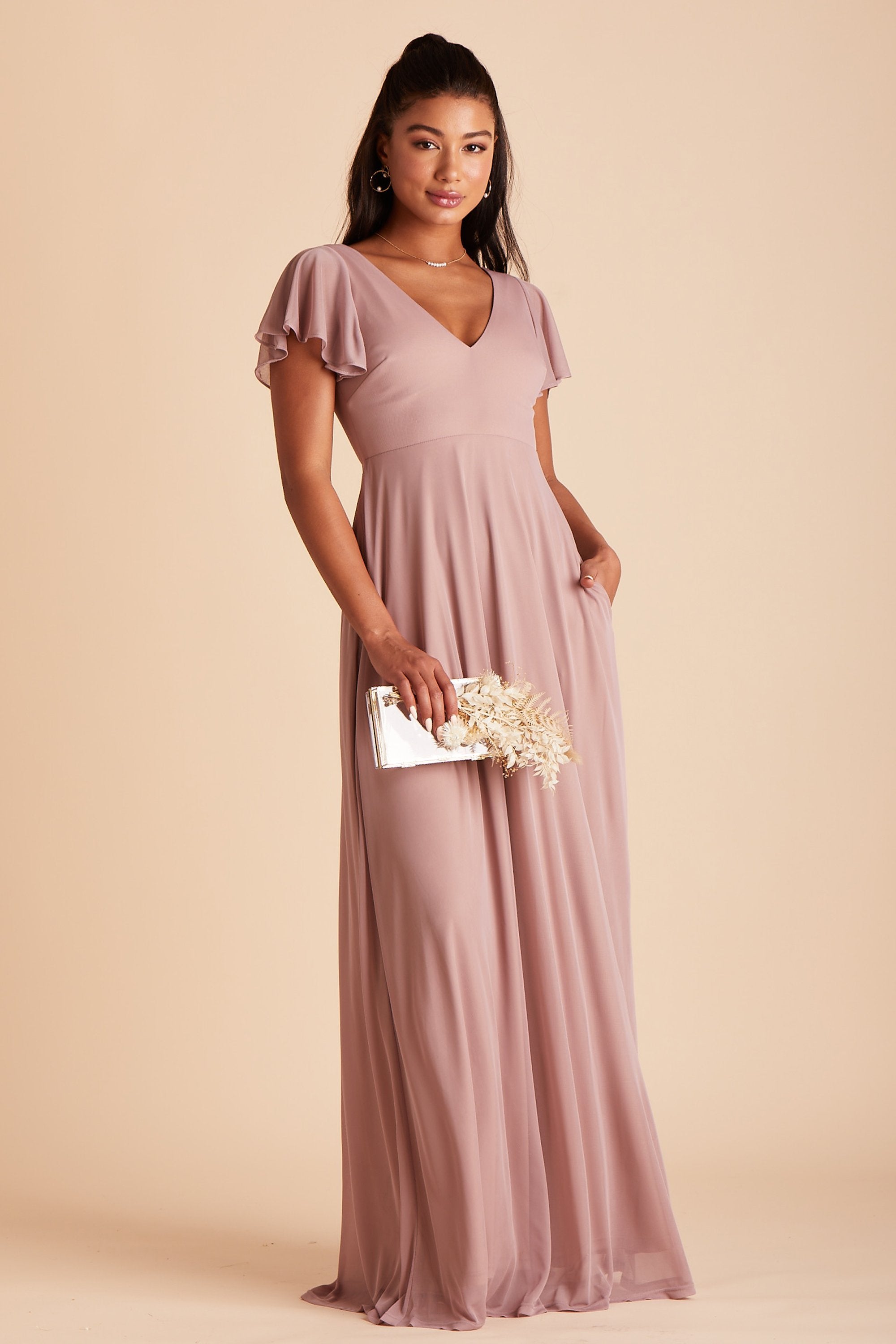 Hannah bridesmaids dress in mauve chiffon by Birdy Grey, front view with hand in pocket