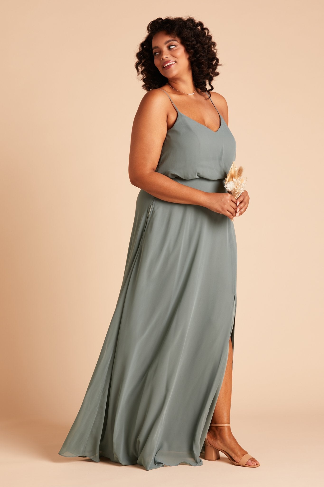 Gwennie plus size bridesmaid dress with slit in sea glass green chiffon by Birdy Grey, side view