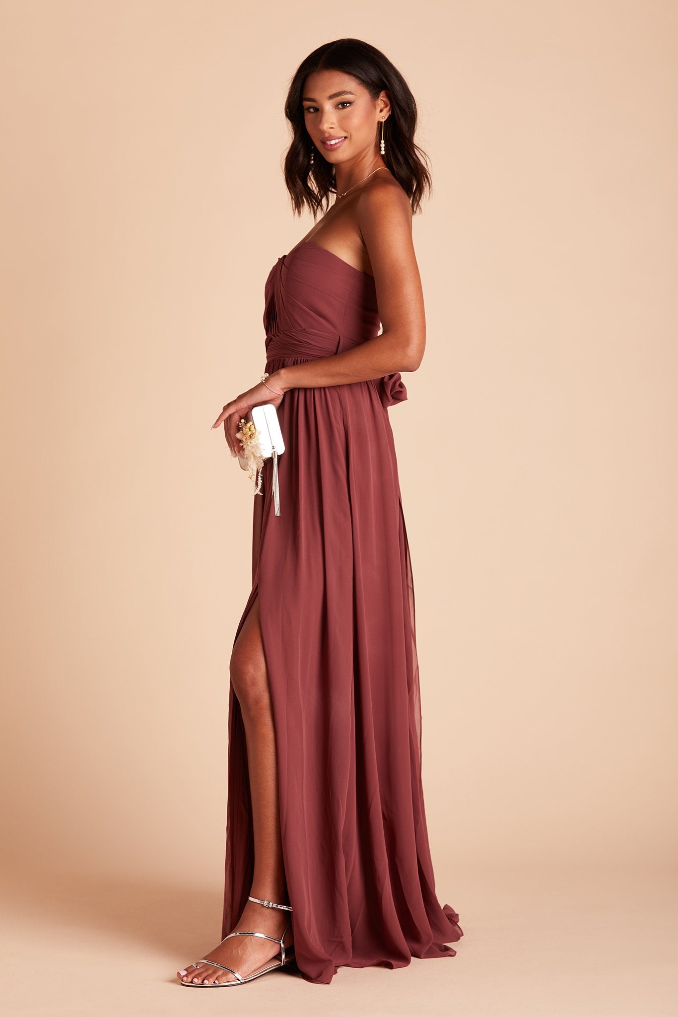 Grace convertible bridesmaid dress with slit in rosewood chiffon by Birdy Grey, side view