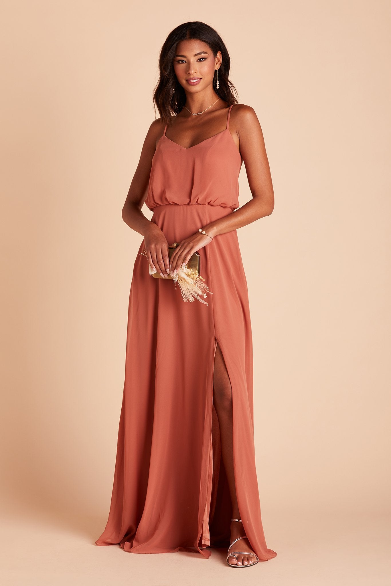 Gwennie bridesmaid dress with slit in terracotta chiffon by Birdy Grey, front view