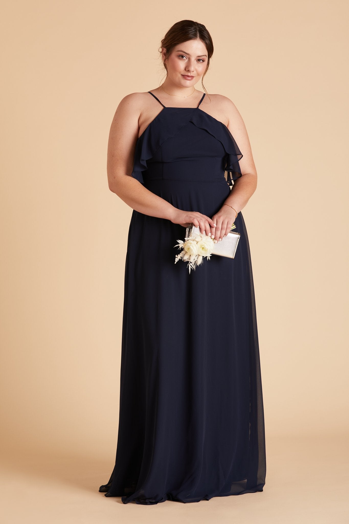 Jules plus size bridesmaid dress in navy blue chiffon by Birdy Grey, front view