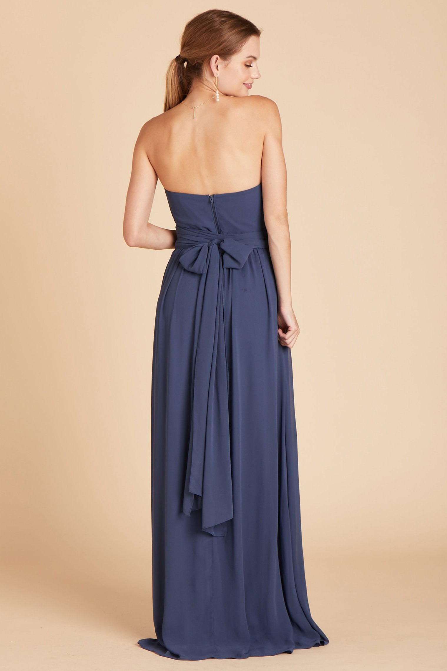 Grace convertible bridesmaid dress in slate blue chiffon by Birdy Grey, back view