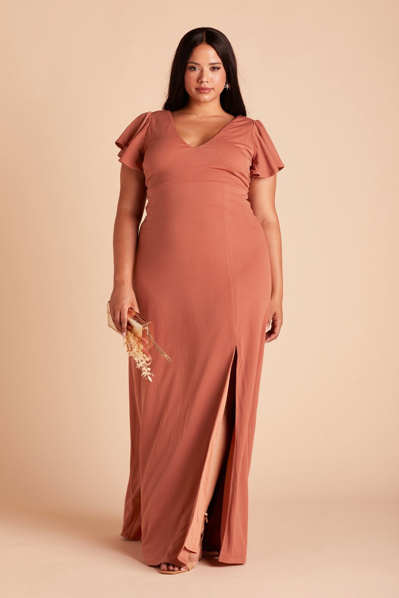Hannah plus size bridesmaid dress with slit in terracotta crepe by Birdy Grey, front view