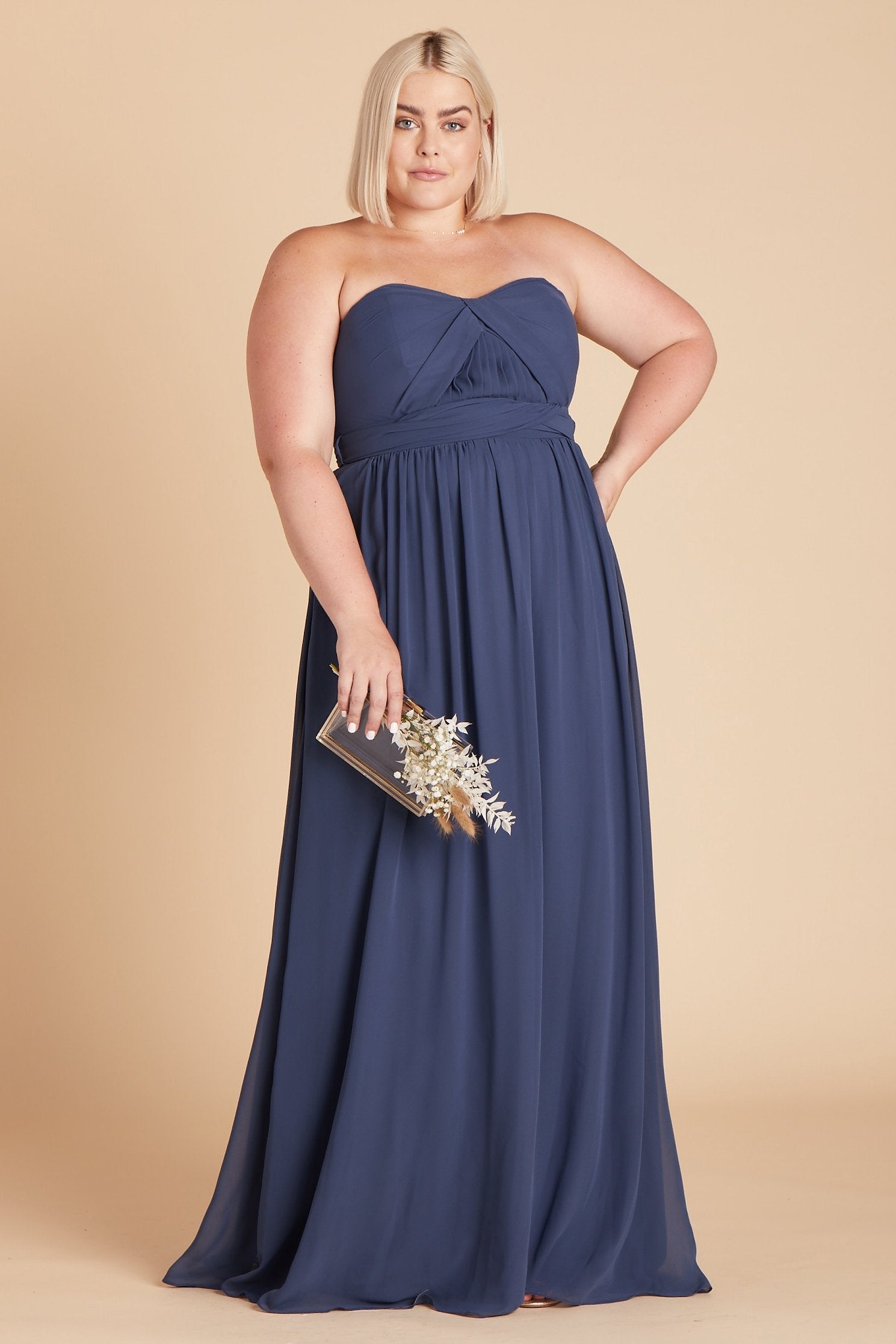 Grace convertible plus size bridesmaid dress in slate blue chiffon by Birdy Grey, front view