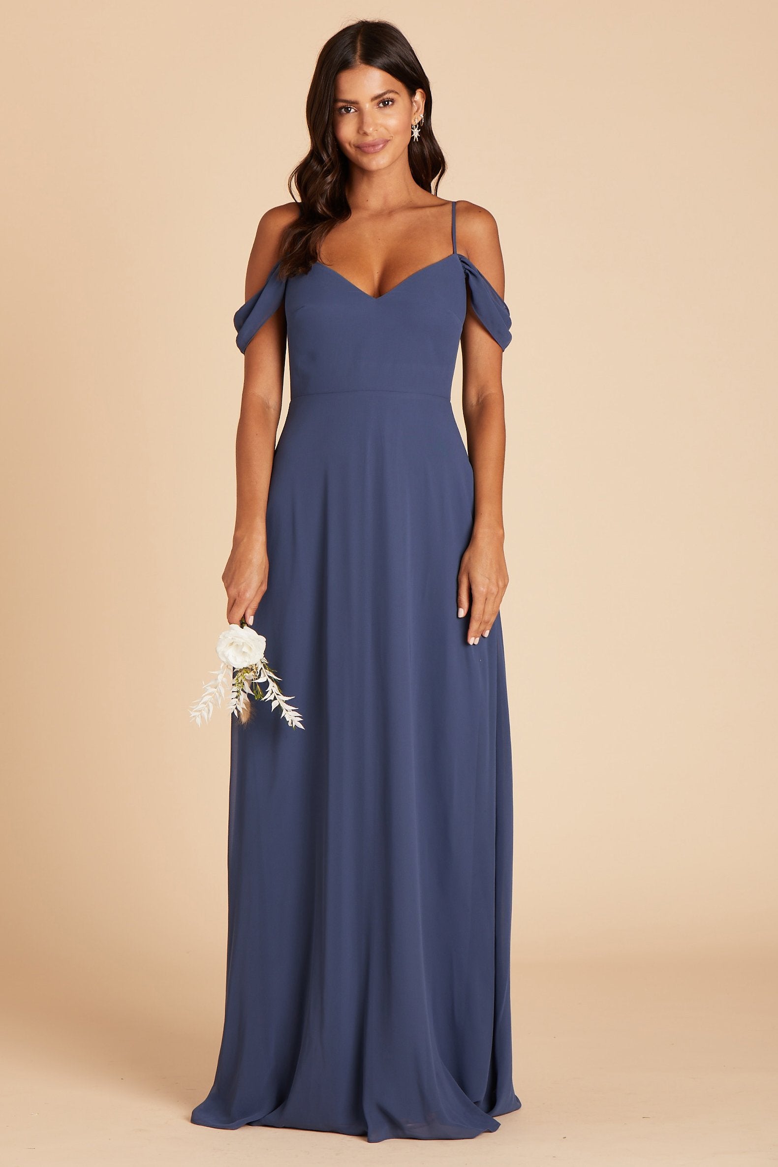 Devin convertible bridesmaids dress with slit in slate blue chiffon by Birdy Grey, front view
