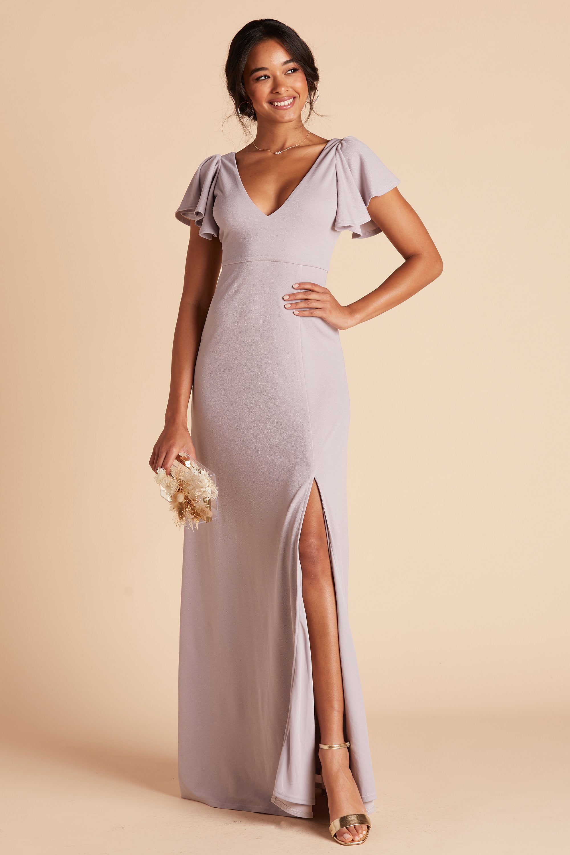 Hannah bridesmaid dress with slit in lilac purple crepe by Birdy Grey, front view
