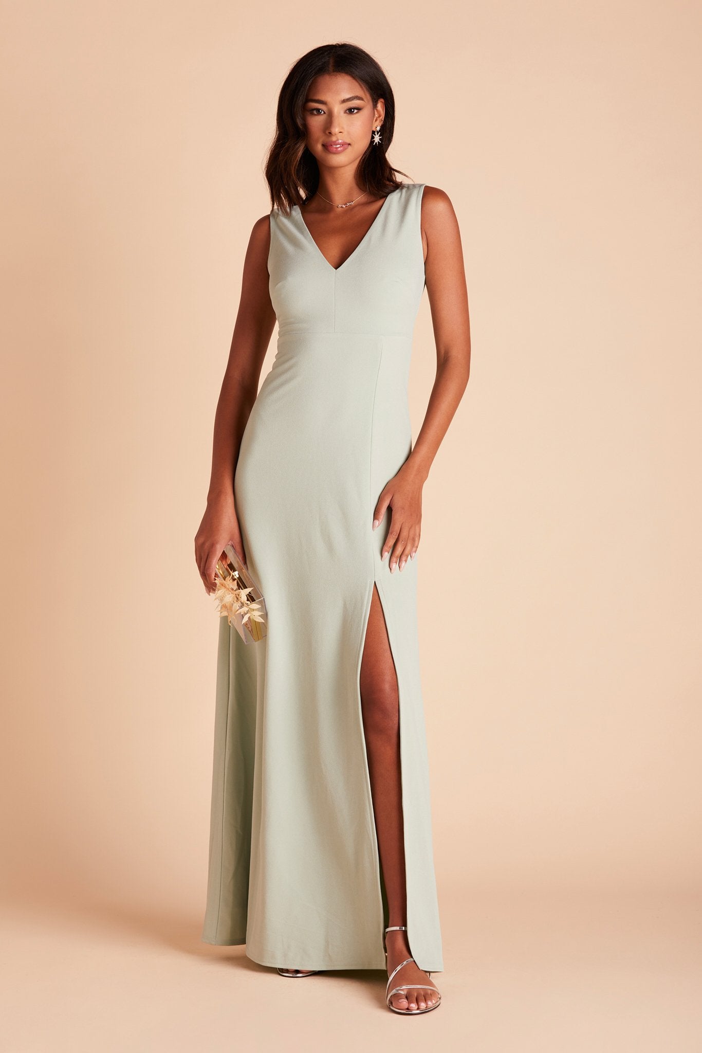Shamin bridesmaid dress with slit in sage green crepe by Birdy Grey, front view