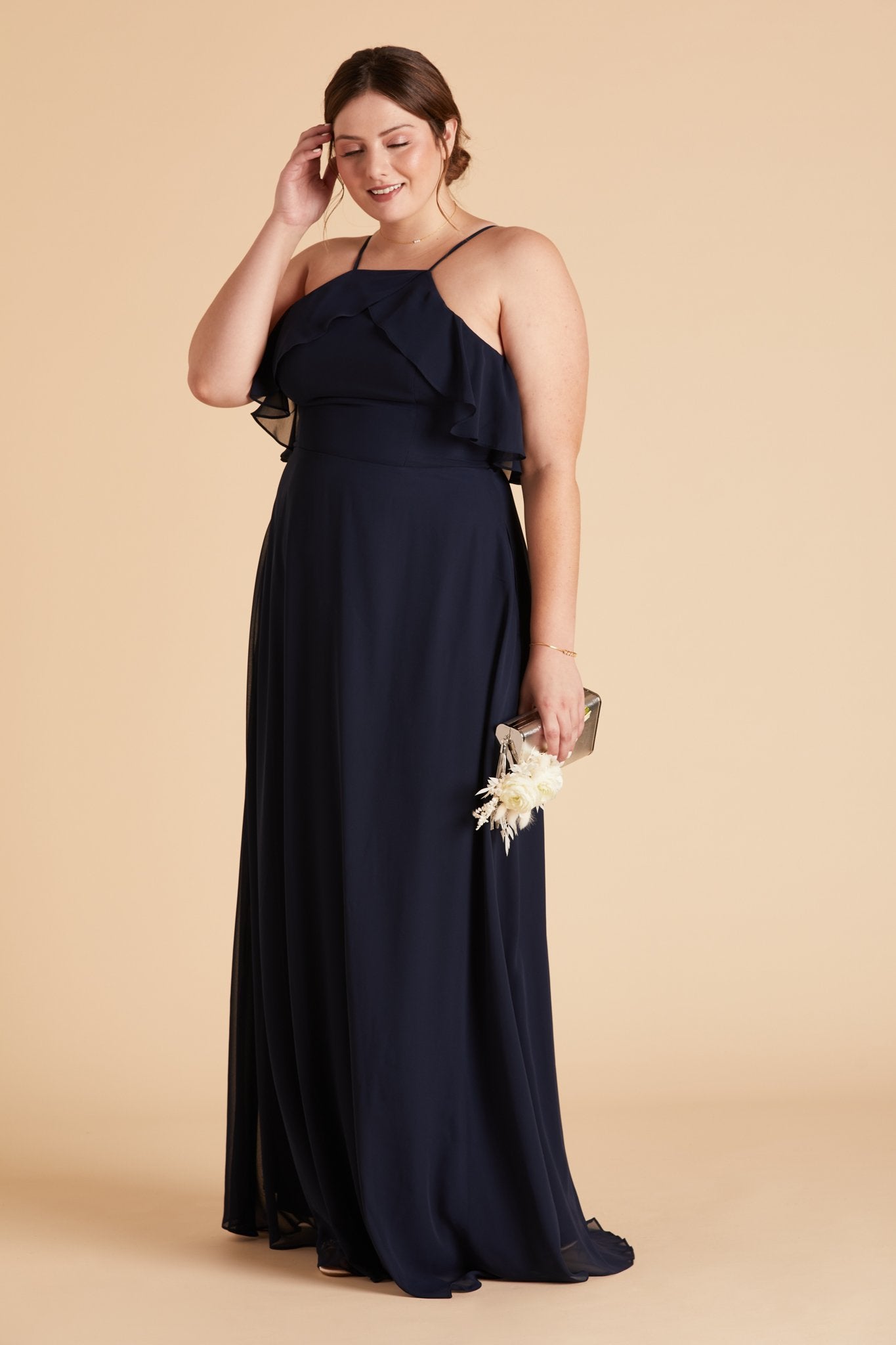 Jules plus size bridesmaid dress in navy blue chiffon by Birdy Grey, front view