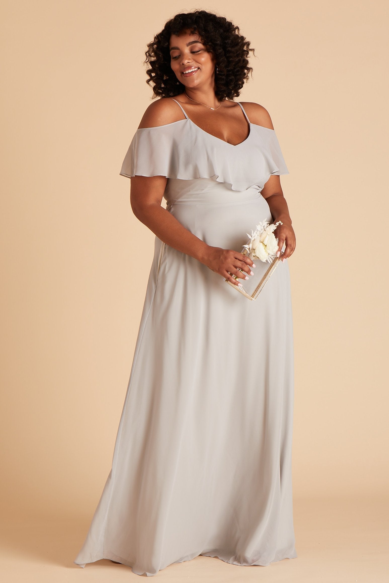 Jane convertible plus size bridesmaid dress in dove gray chiffon by Birdy Grey, side view