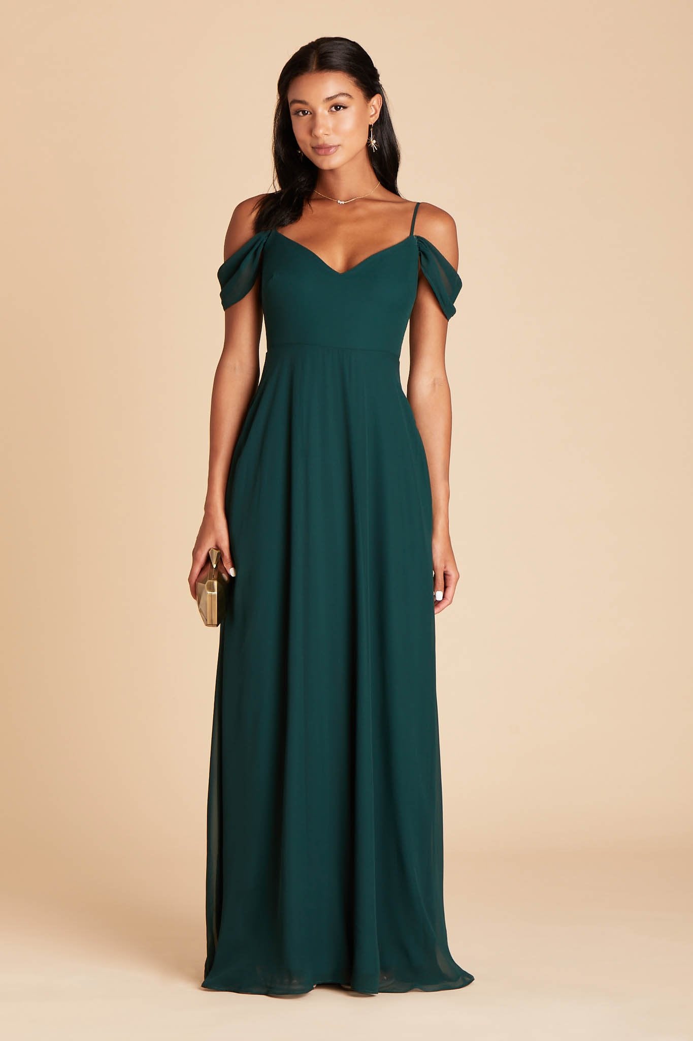 Front view of the floor-length Devin Convertible Bridesmaid Dress features a fitted bust and waist with a full skirt that flows to the floor.