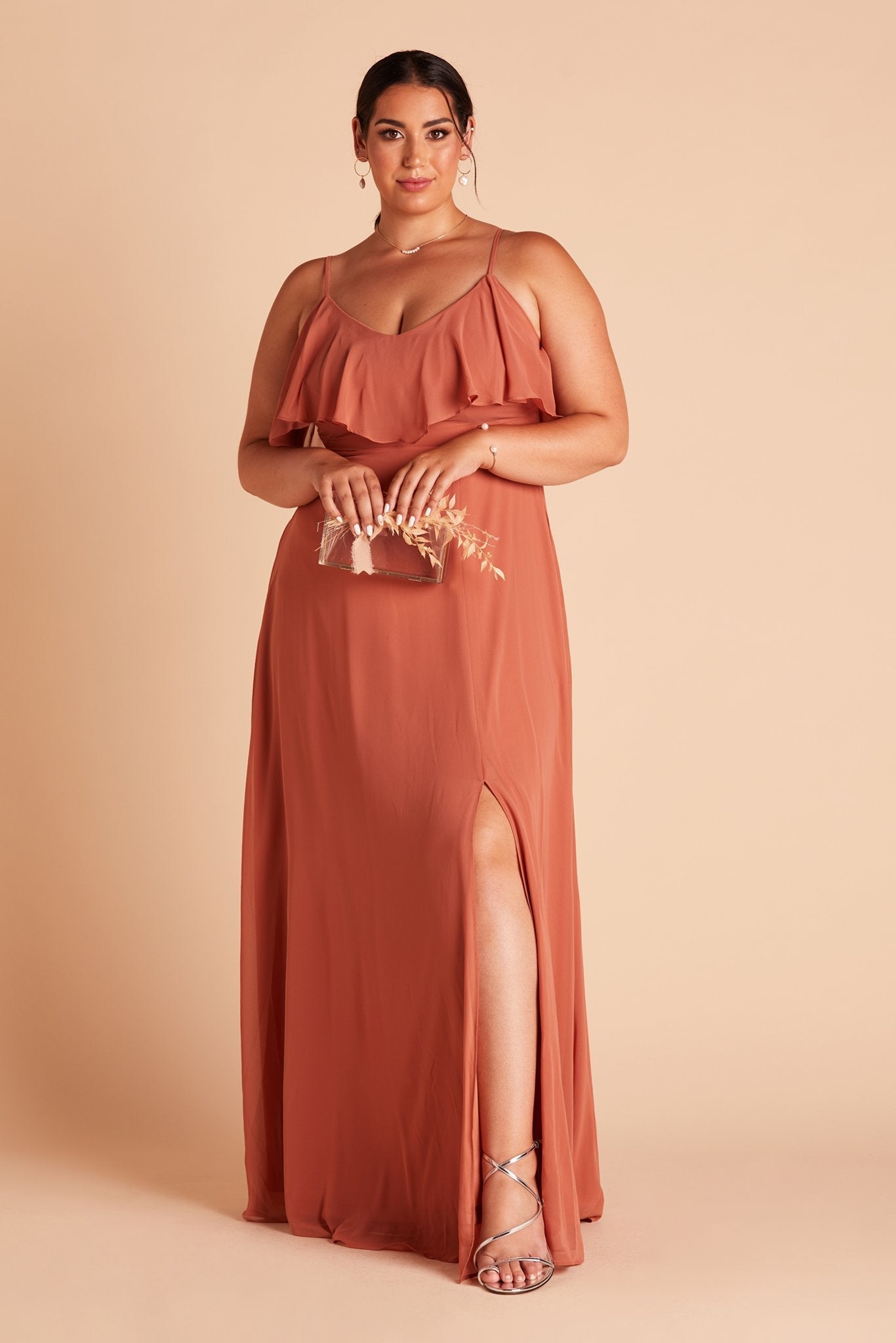 Jane convertible plus size bridesmaid dress with slit in terracotta orange chiffon by Birdy Grey, front view