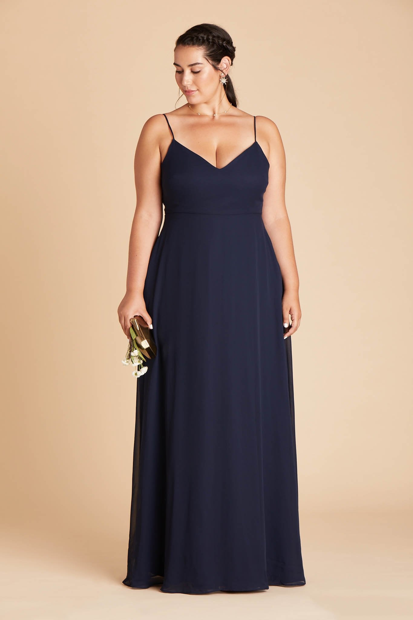Devin convertible plus size bridesmaids dress in navy blue chiffon by Birdy Grey, front view