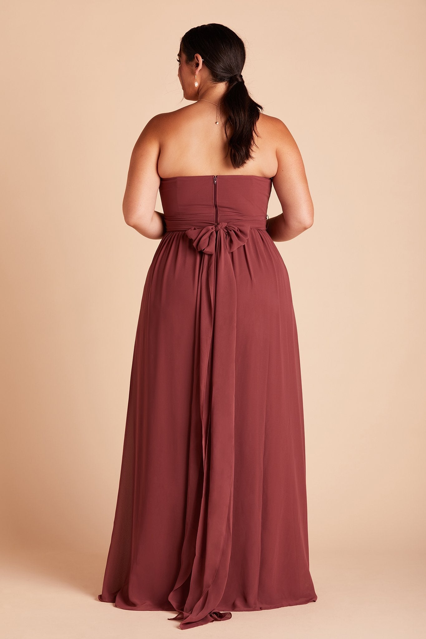 Grace convertible plus size bridesmaid dress with slit in rosewood chiffon by Birdy Grey, back view