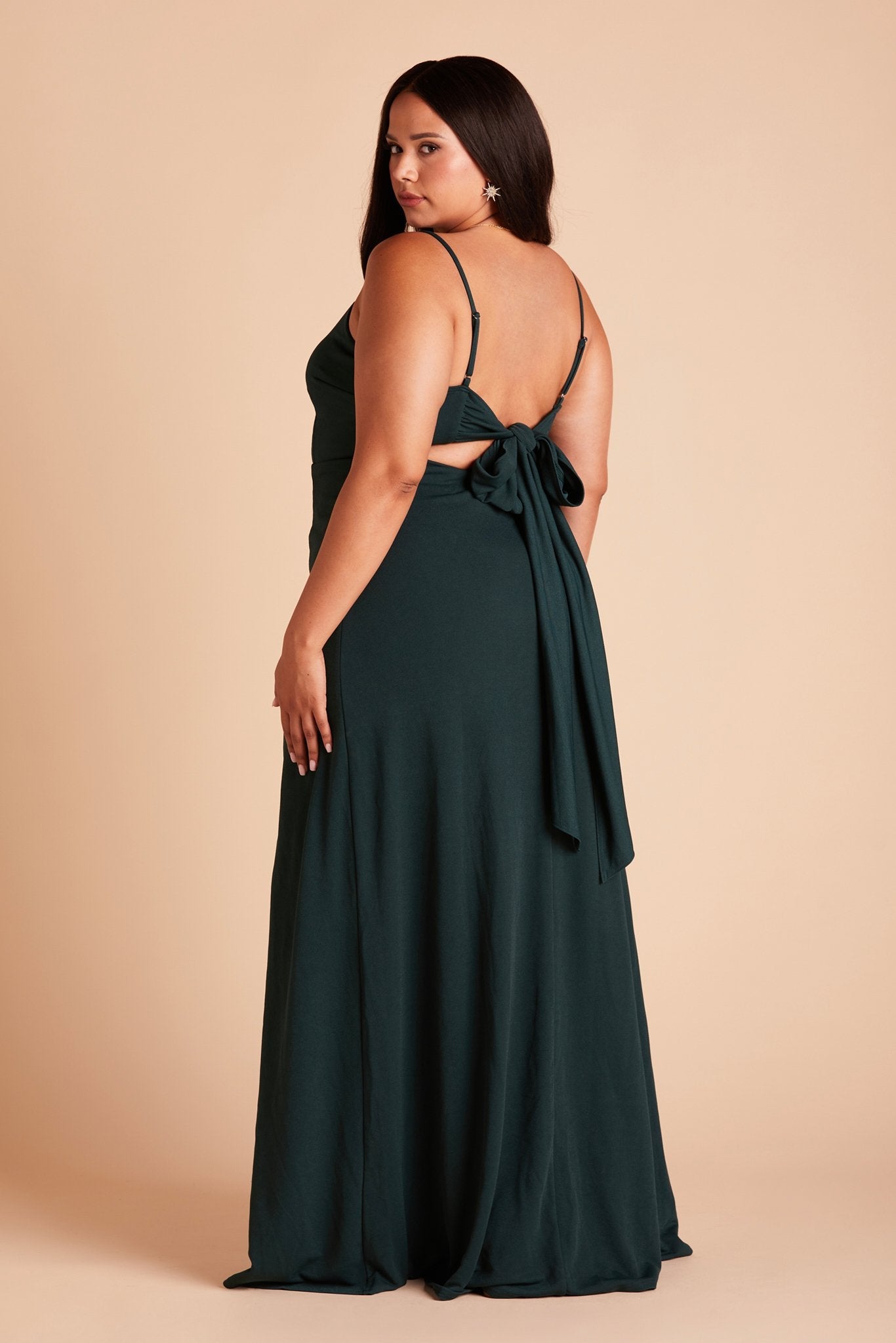 Benny plus size bridesmaid dress in emerald green crepe by Birdy Grey, side view