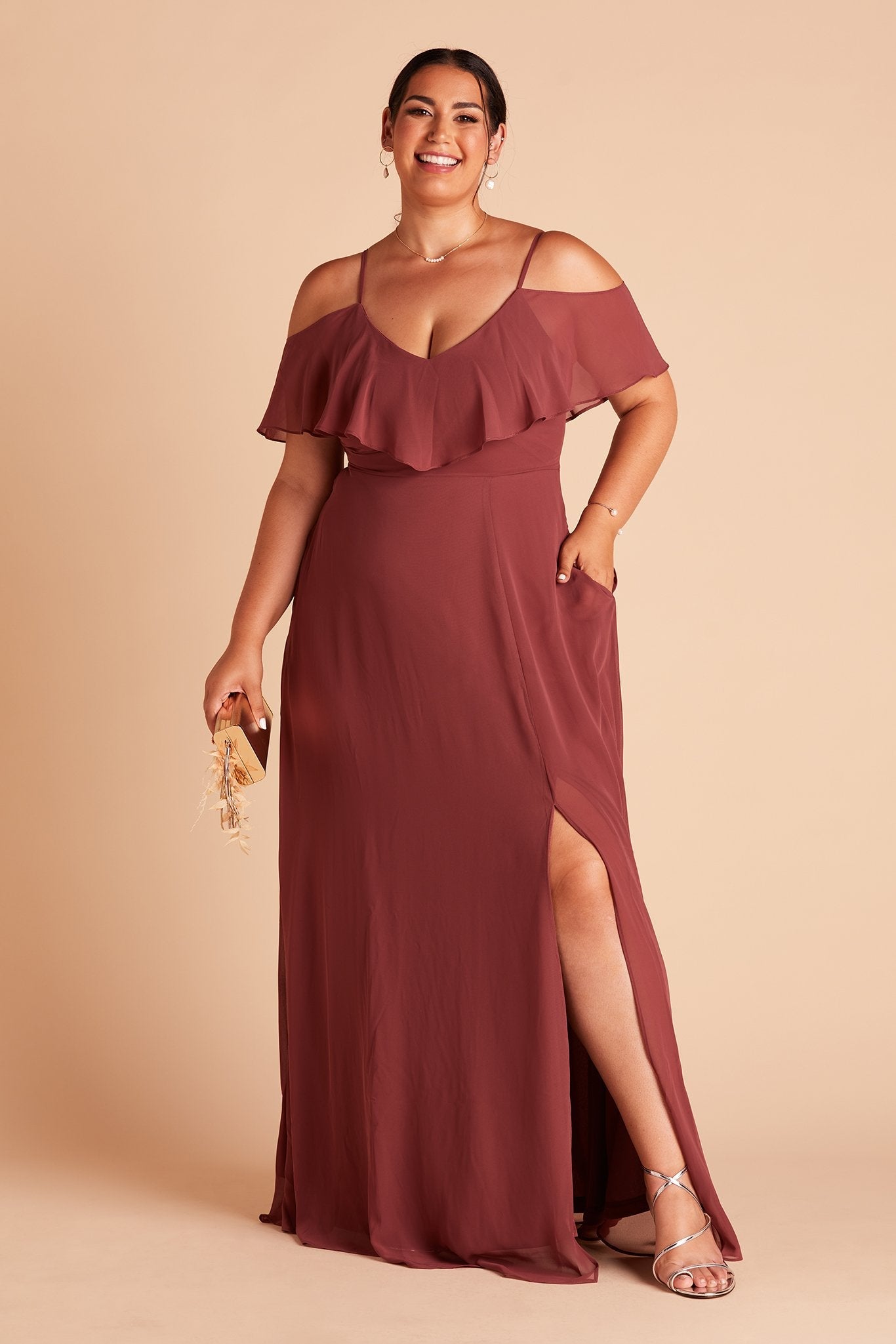 Jane convertible plus size bridesmaid dress with slit in rosewood chiffon by Birdy Grey, front view with hand in pocket