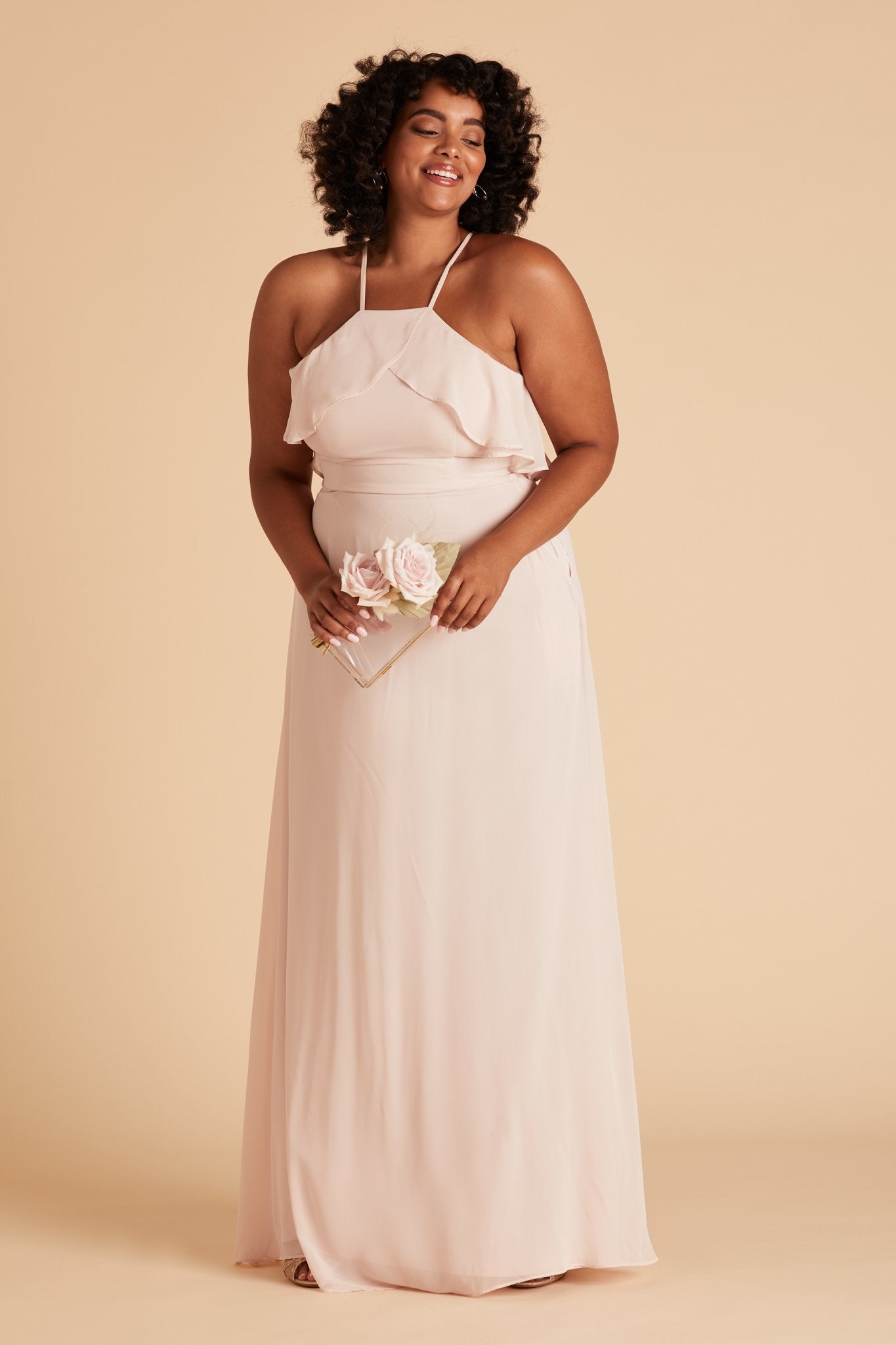 Jules plus size bridesmaid dress in pale blush chiffon by Birdy Grey, front view