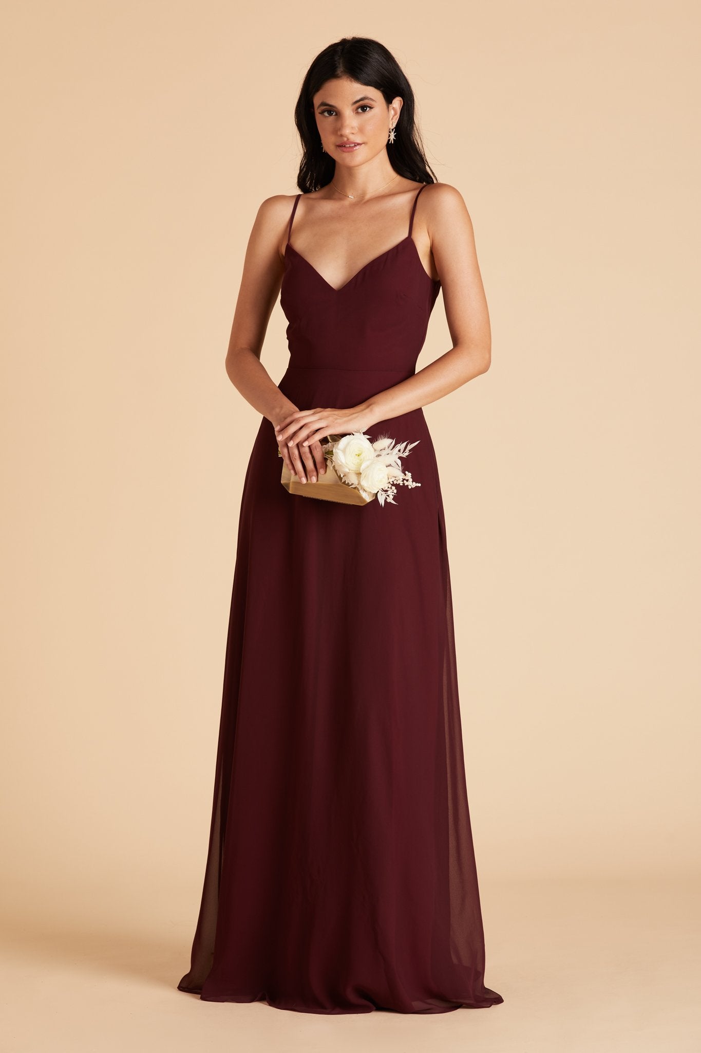 Devin convertible bridesmaid dress with slit in cabernet burgundy chiffon by Birdy Grey, front view