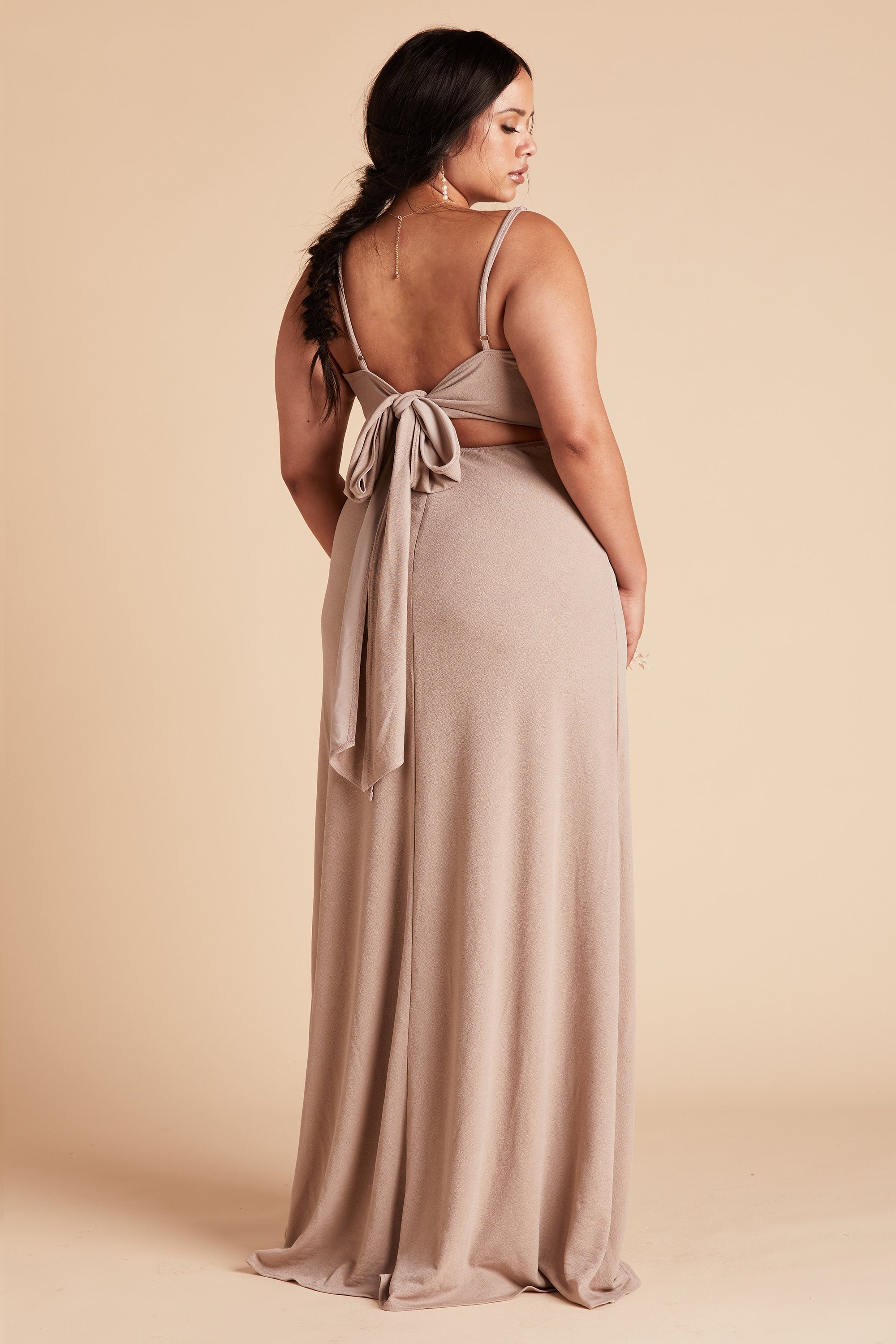 Benny plus size bridesmaid dress in taupe crepe by Birdy Grey, back view