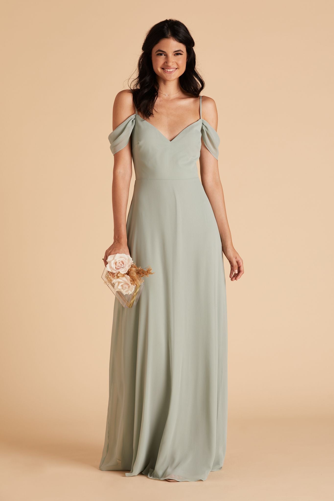 Front view of the Spence Convertible Dress in sage chiffon worn by a slender model with a light skin tone. 