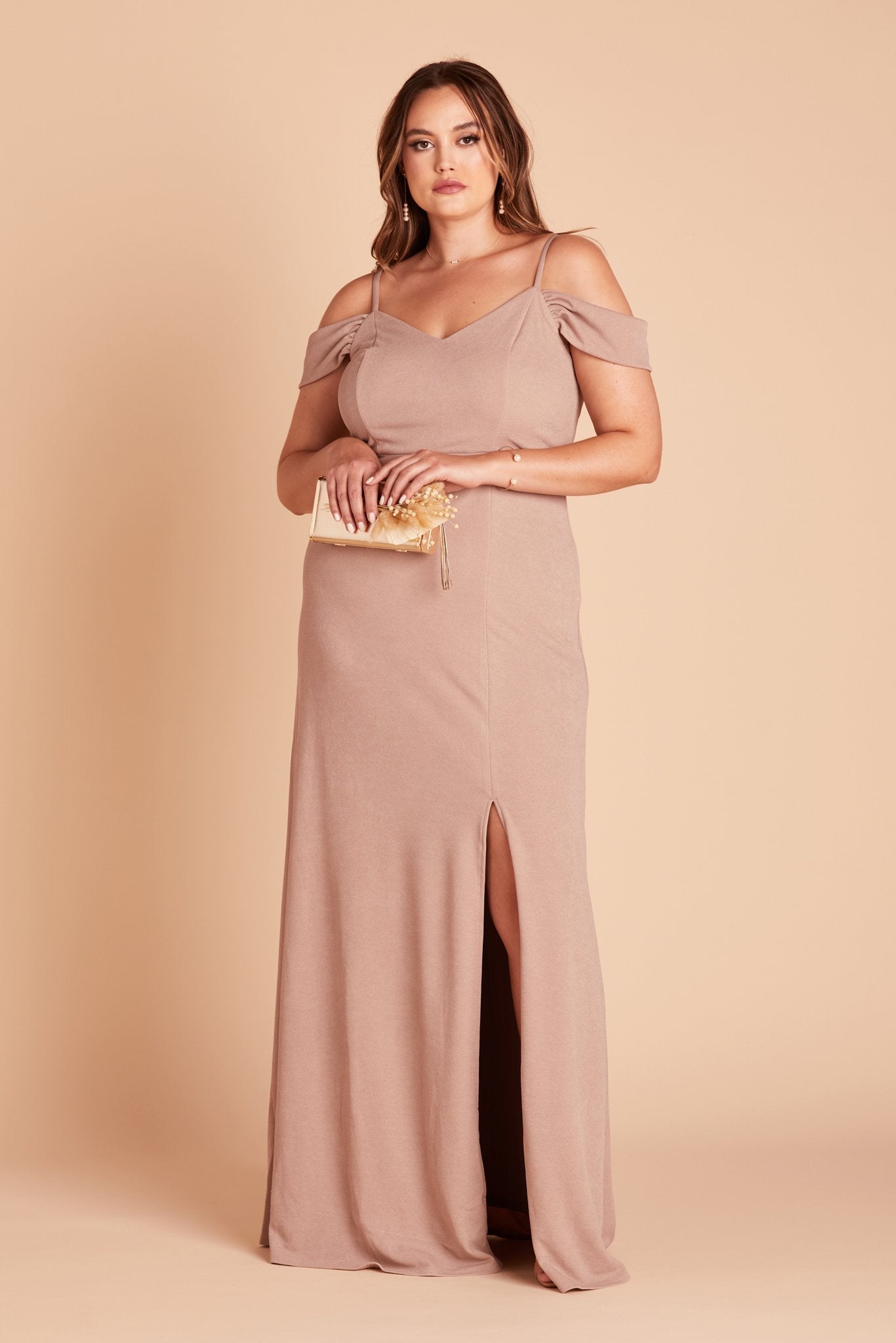 Dev plus size bridesmaid dress with slit in taupe crepe by Birdy Grey, front view