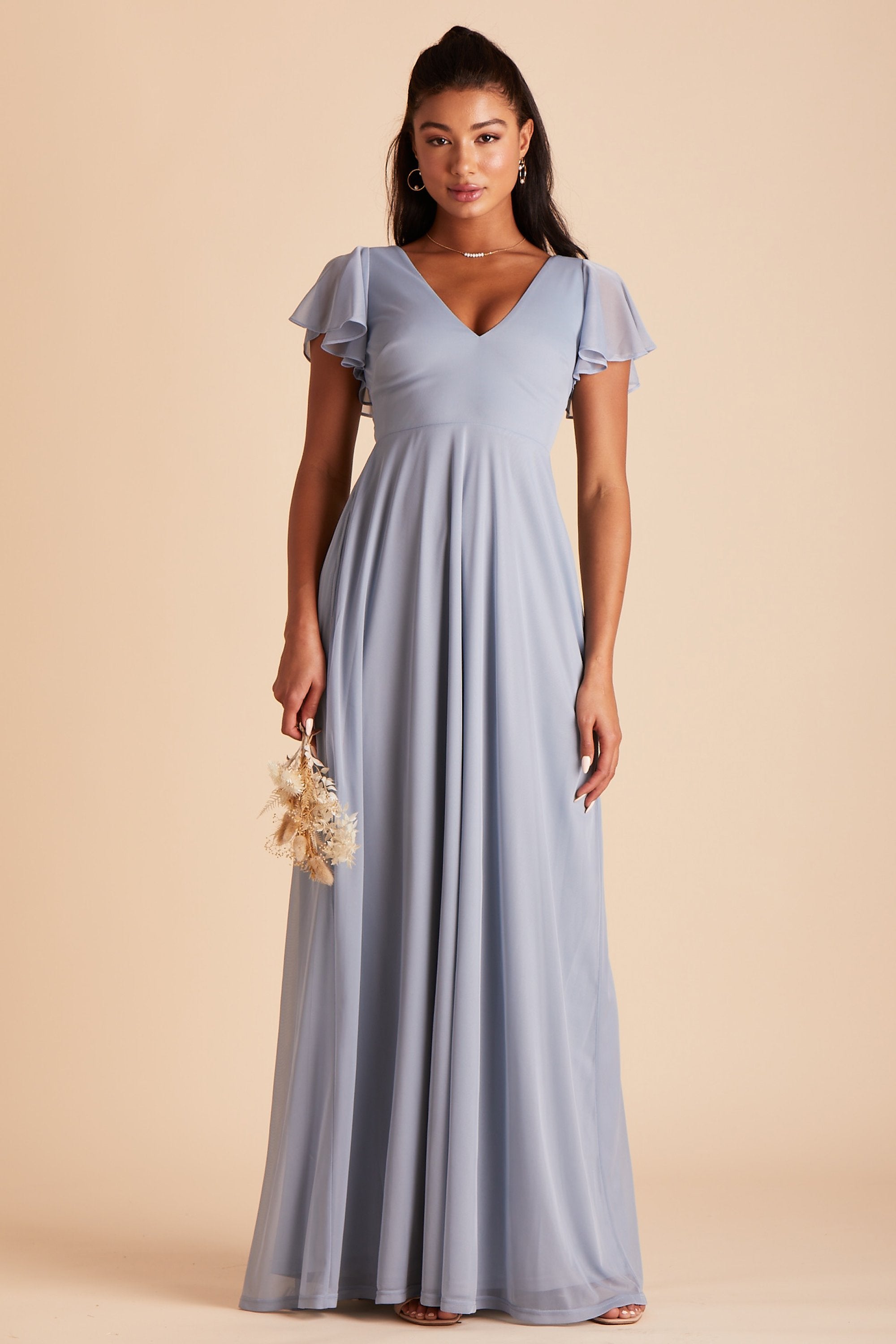 Hannah bridesmaids dress in dusty blue mesh by Birdy Grey, front view