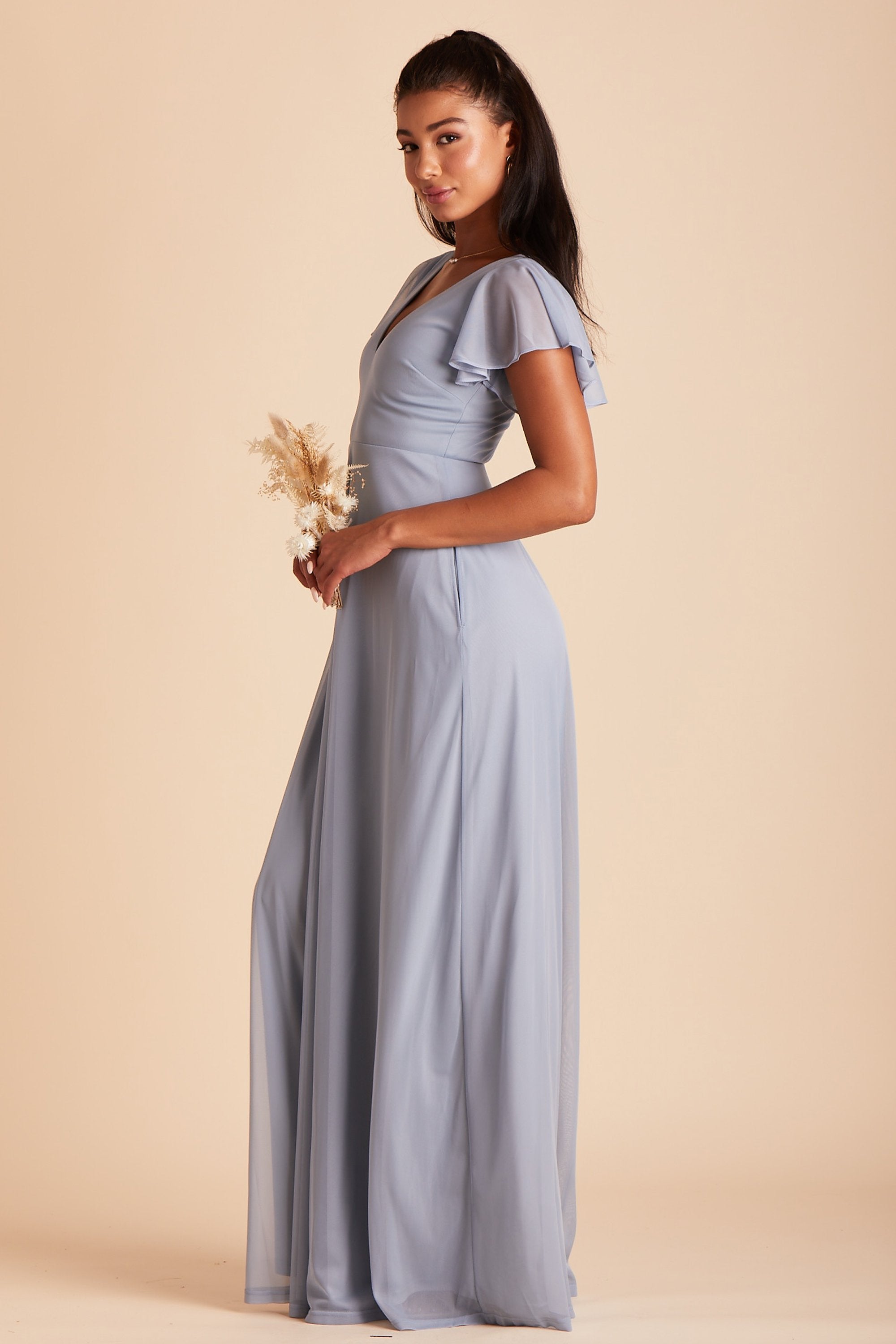 Hannah bridesmaids dress in dusty blue mesh by Birdy Grey, side view