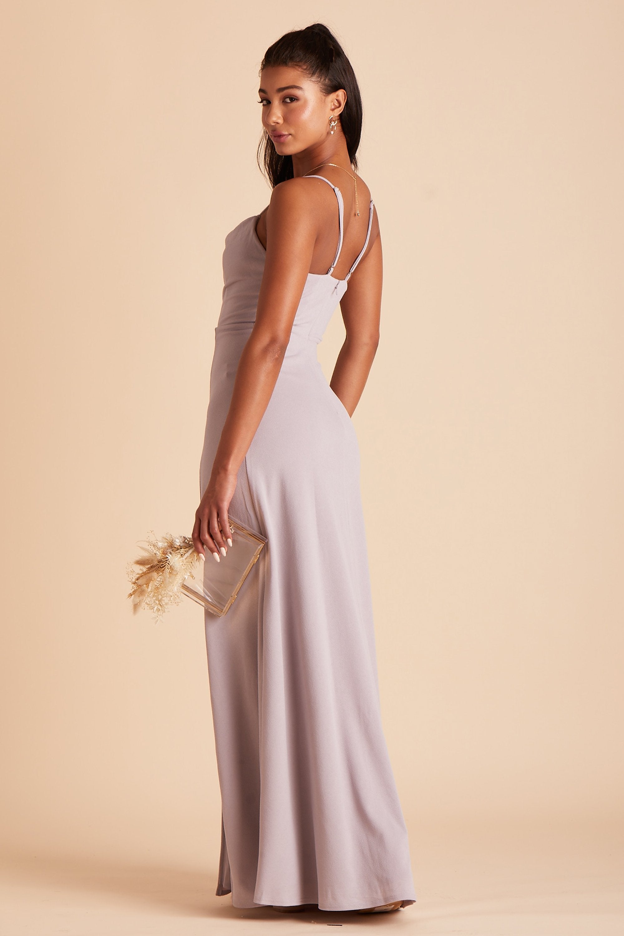 Ash bridesmaid dress in lilac purple crepe by Birdy Grey, side view
